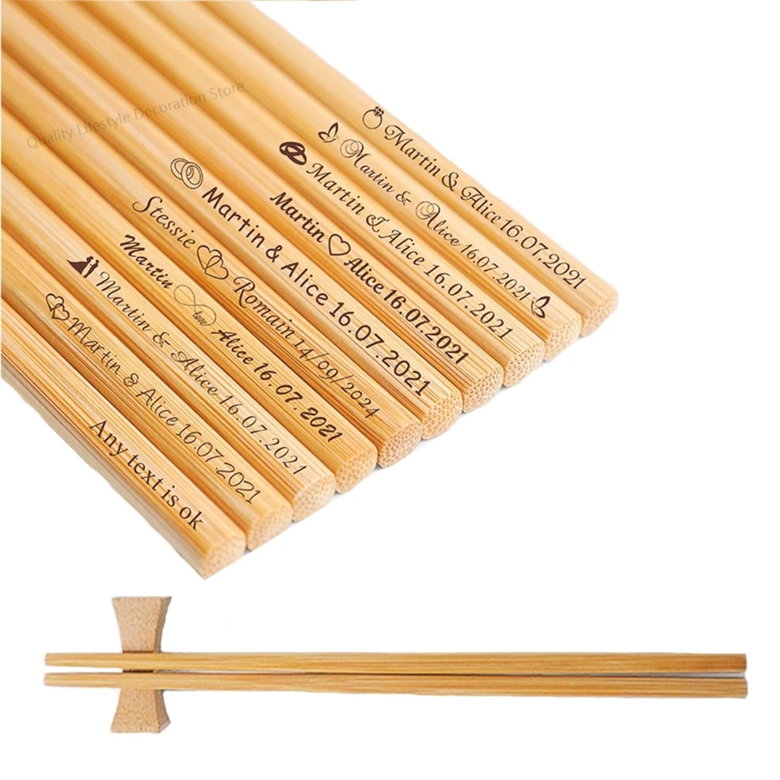 Lot de 10 à 200 paires de baguettes gravées personnalisées en vrac pour invités - Cadeau de couple pour anniversaire, fête prénuptiale (150 paires)