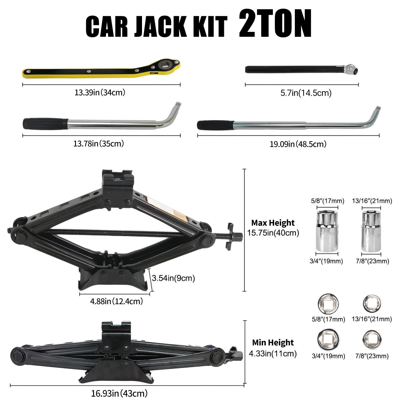 Hniuyun Kit de gato de tijera de 2 toneladas y soporte, elevador de coche resistente de 4400 libras para sedán, SUV, MPV con llave de trinquete y adaptador de taladro para cambio de neumáticos