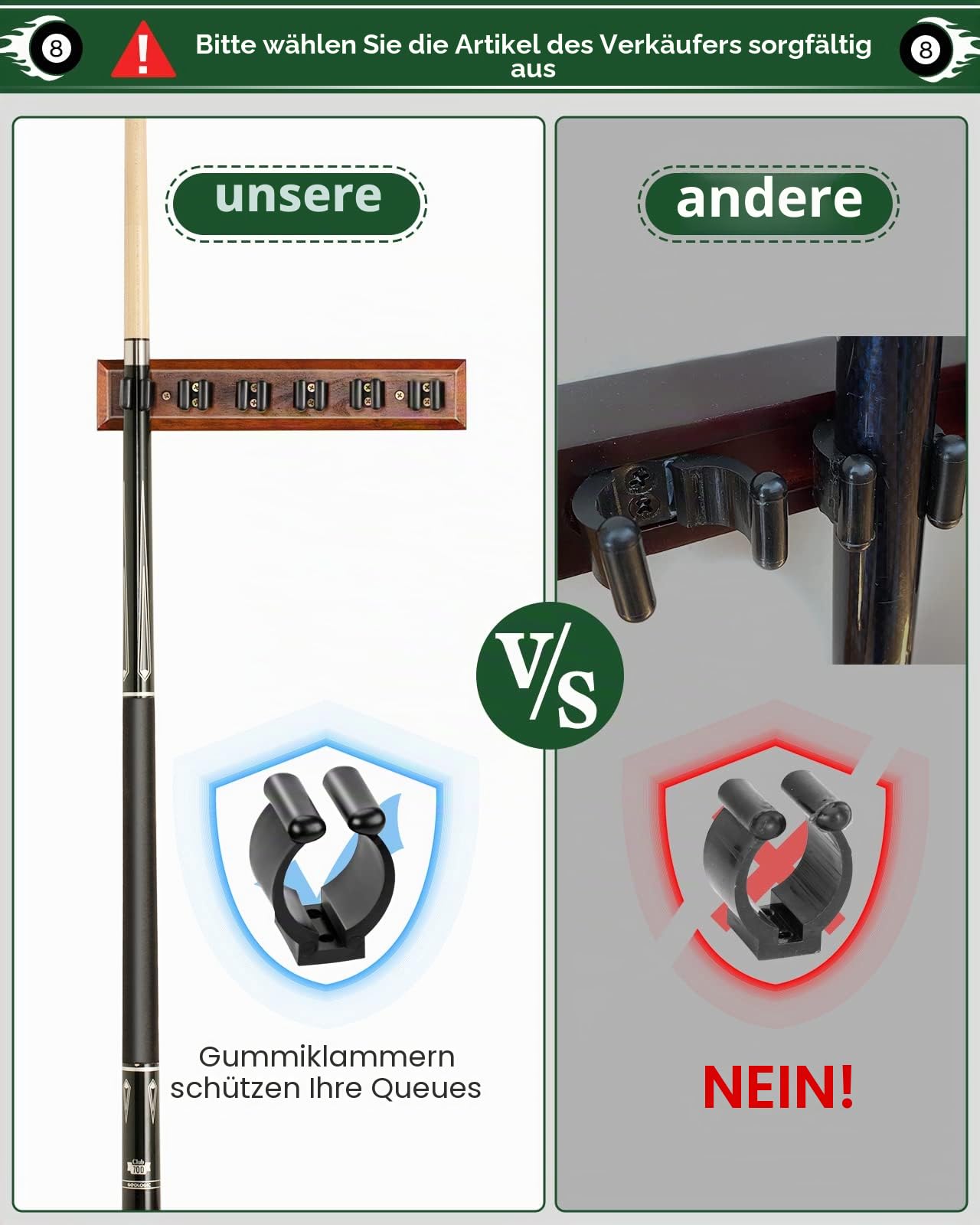 EXTCCT Wandhalterung für Poolstäbe, Hartholz, Billardqueue-Rack für 6 Stöcke, Tischzubehör, Ausrüstungs-Organizer