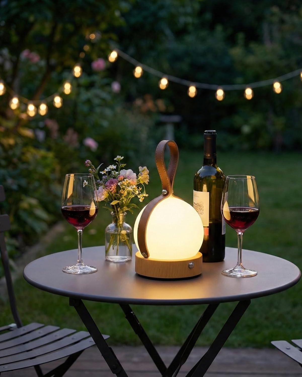 Natural Wood Grain Night Light - Dimmable Orb Table Lamp with Leather Handle, 3 Colors, 2000mAh Rechargeable, Use While Charging, Zen Decor Cordless Lamp for Home