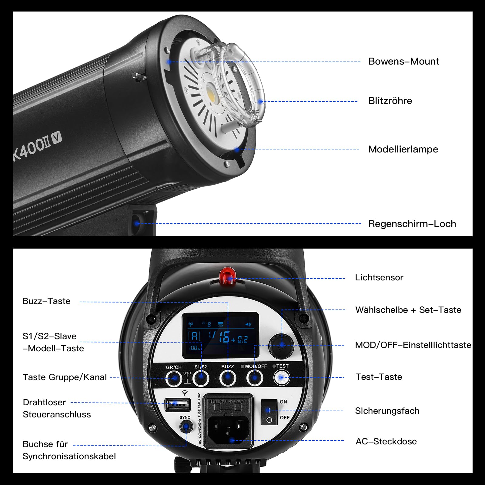 GODOX SK400II-V Flash da Studio Stroboscopico SK400II-V Bowens Mount,400W,Sistema X Wireless 2.4G,5600±200K,Lampada per Modellazione LED con Montaggio Bowens per Studio (SK400II Versione Aggiornata)
