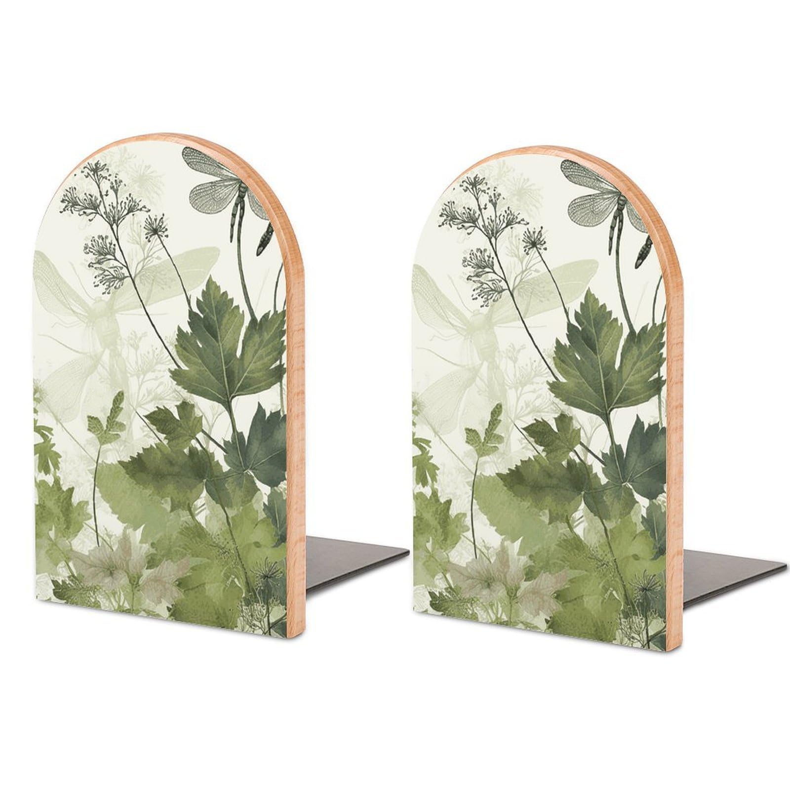 Foliage and Herbs with Dragonflies Winged Bookend Modern Bookends for Shelves Non-Skid Book Holder Heavy Duty Metal Book Storage for Books CDs Decorative Book Stopper for Home