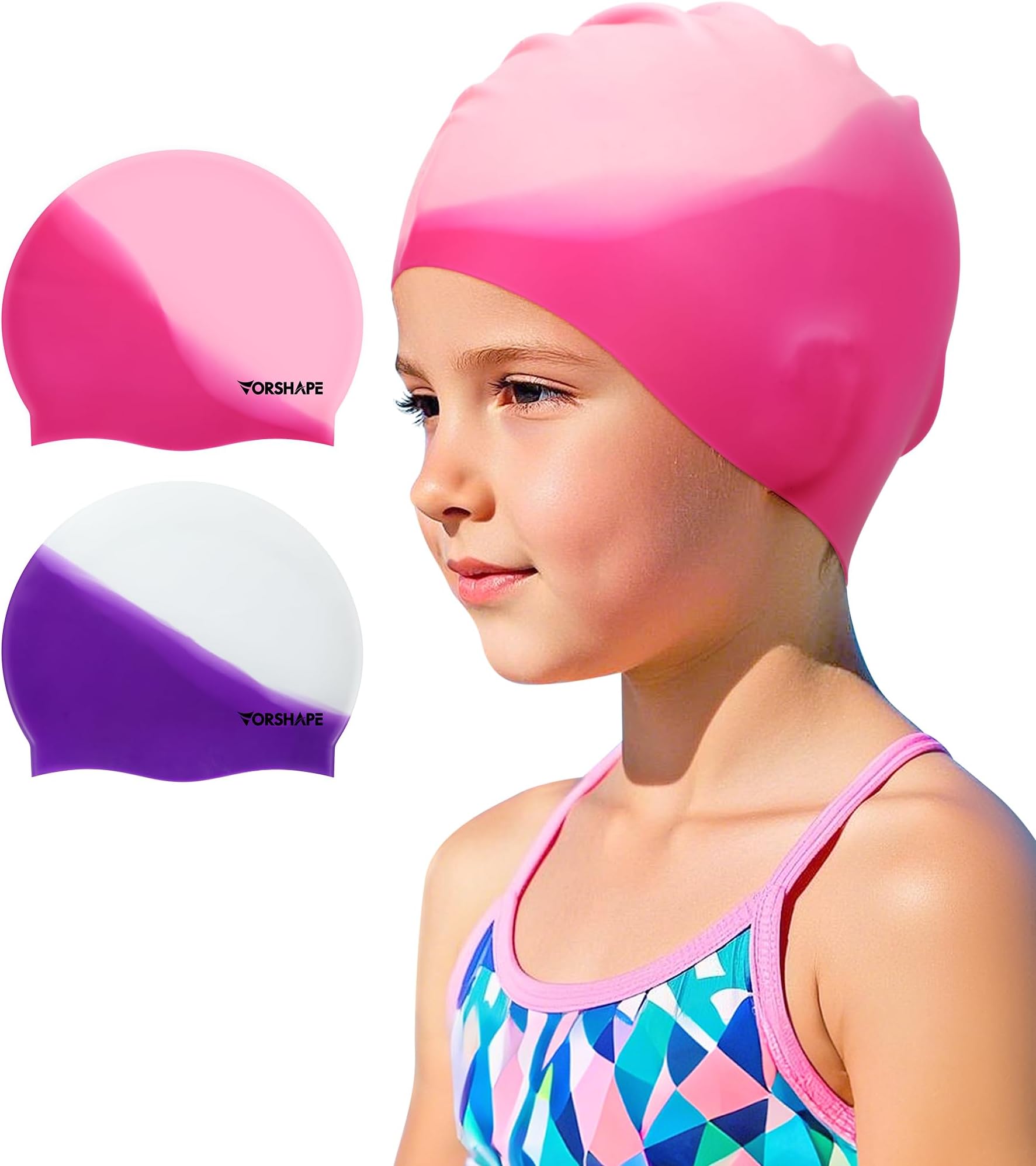 Swim Cap Kids (2 Pack), Durable Waterproof Swimming Cap for Girls Boys Teens Toddler Aged 3-15, Comfortable Fit Kids Swim Cap for Long Hair and Short Hair, Silicone Swim Caps for Kids Toddler