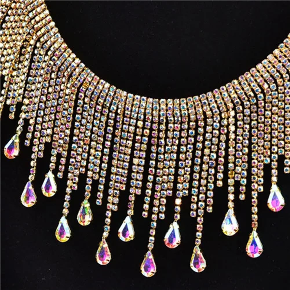 Crystal Rhinestone Close Chain, AB Glass Fringe Sewing Metal Strass Tassels Trim Sew-On 8.5cm Width Multicolor(11)