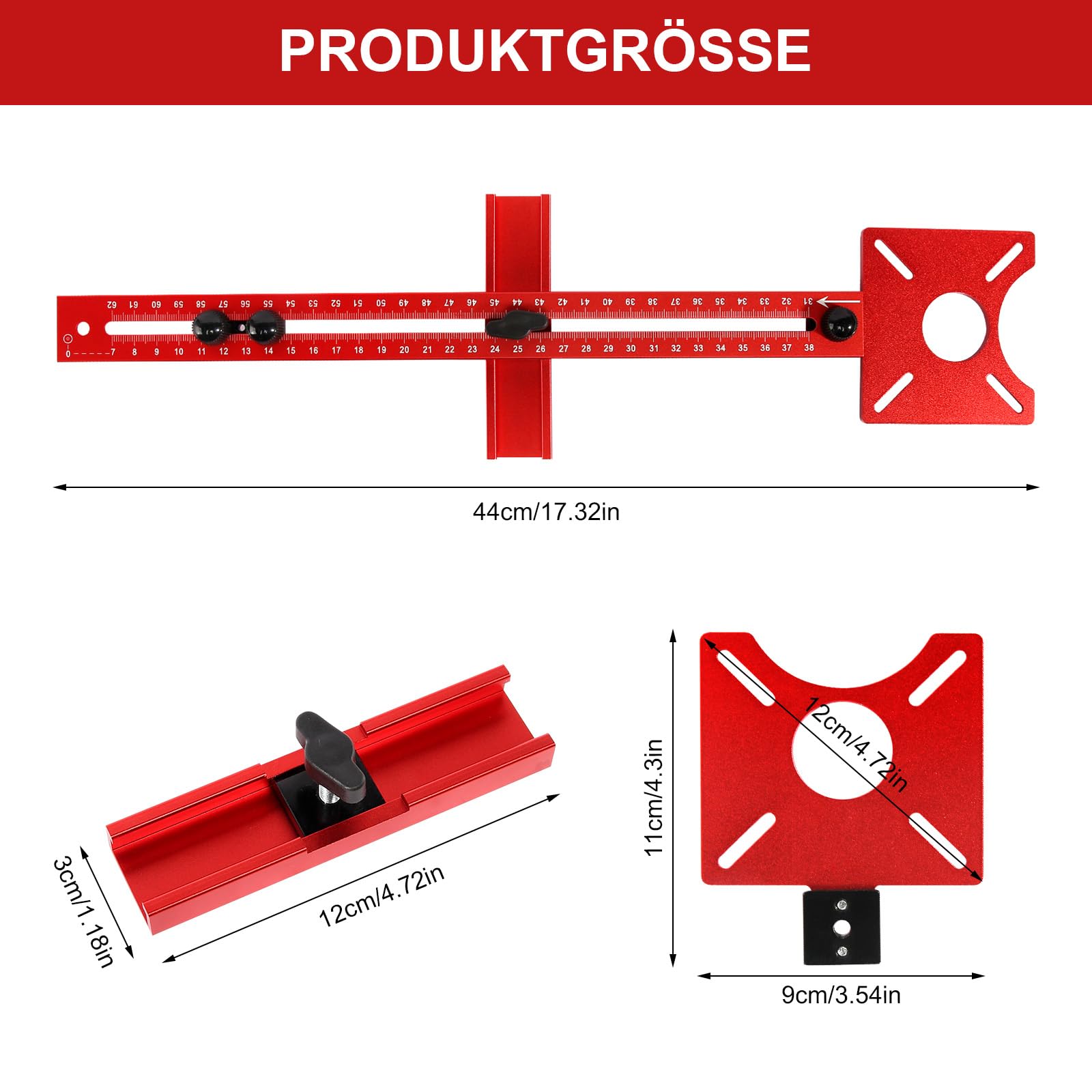 Plantilla de fresado de aluminio ajustable 4 en 1, guía de fresado, compás de fresado, radio de 90 mm hasta 370 mm, plantilla de fresado multifuncional para carpintería DIY