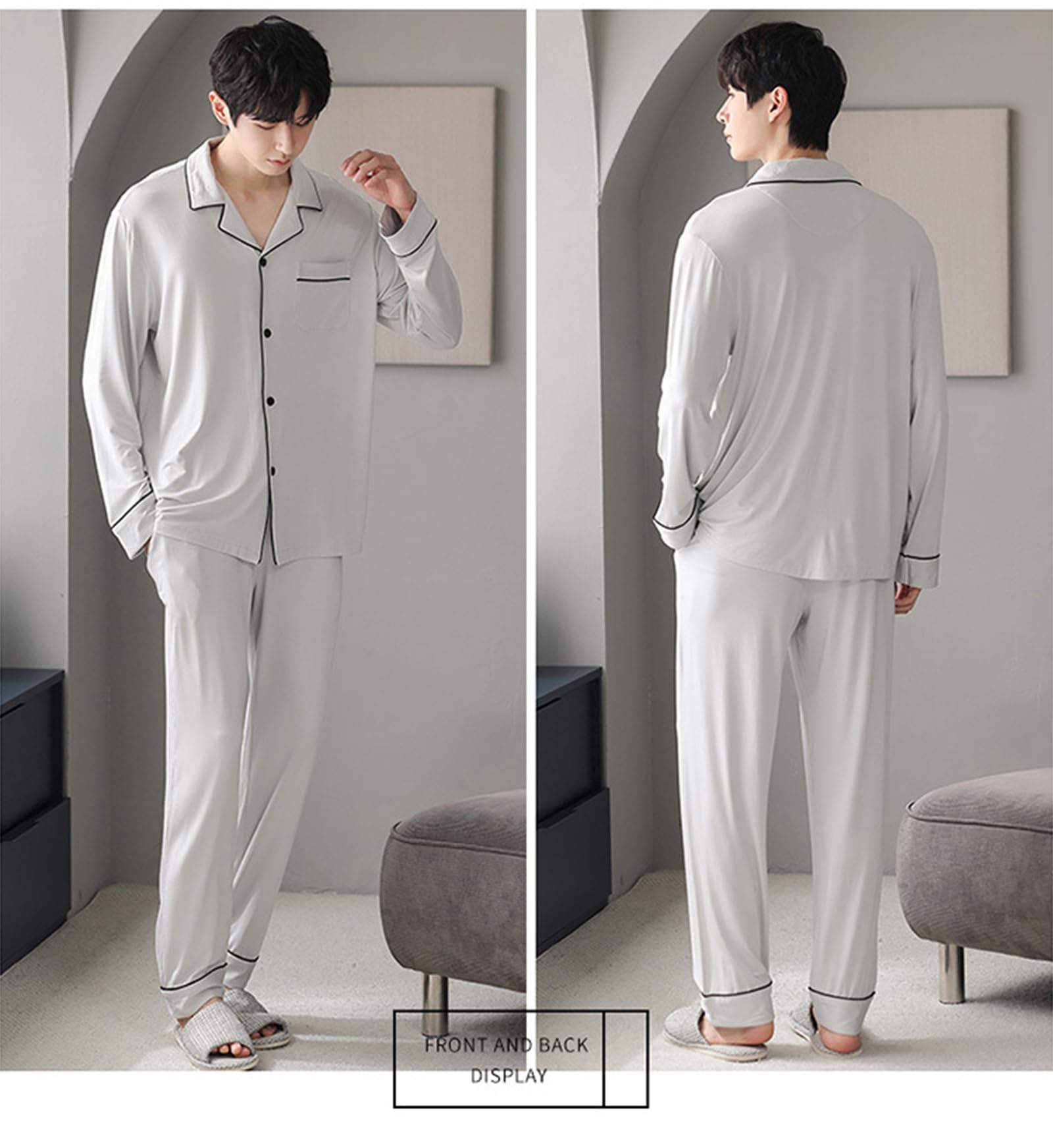 Morbido Pigiama Set, Pulsante Giù Lungo Manica Pigiameria Uomo per Gli Uomini 2 Pezzi Pjs Set con Tasche