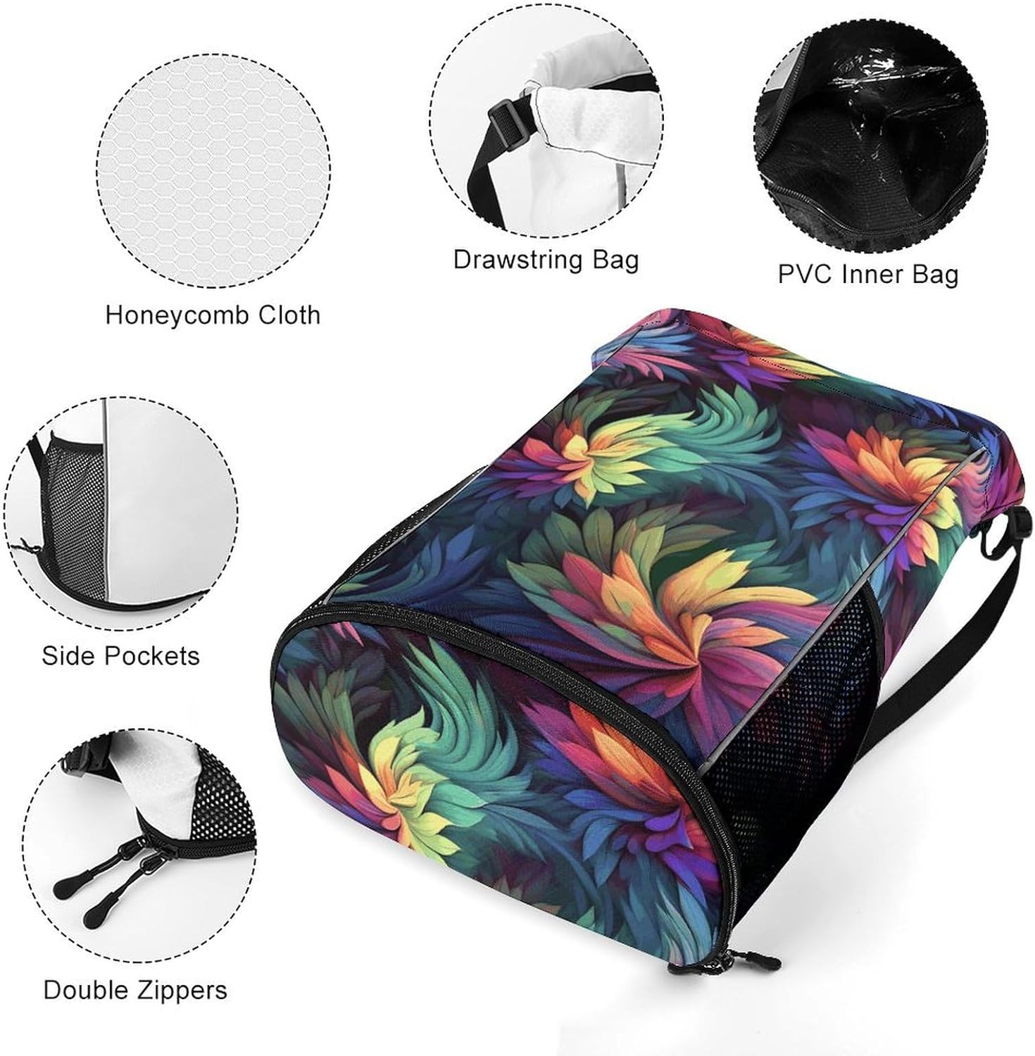 Sports Drawstring Backpack Colorful Flower Lightweight Backpack Dry And Wet Separation Large Capacity