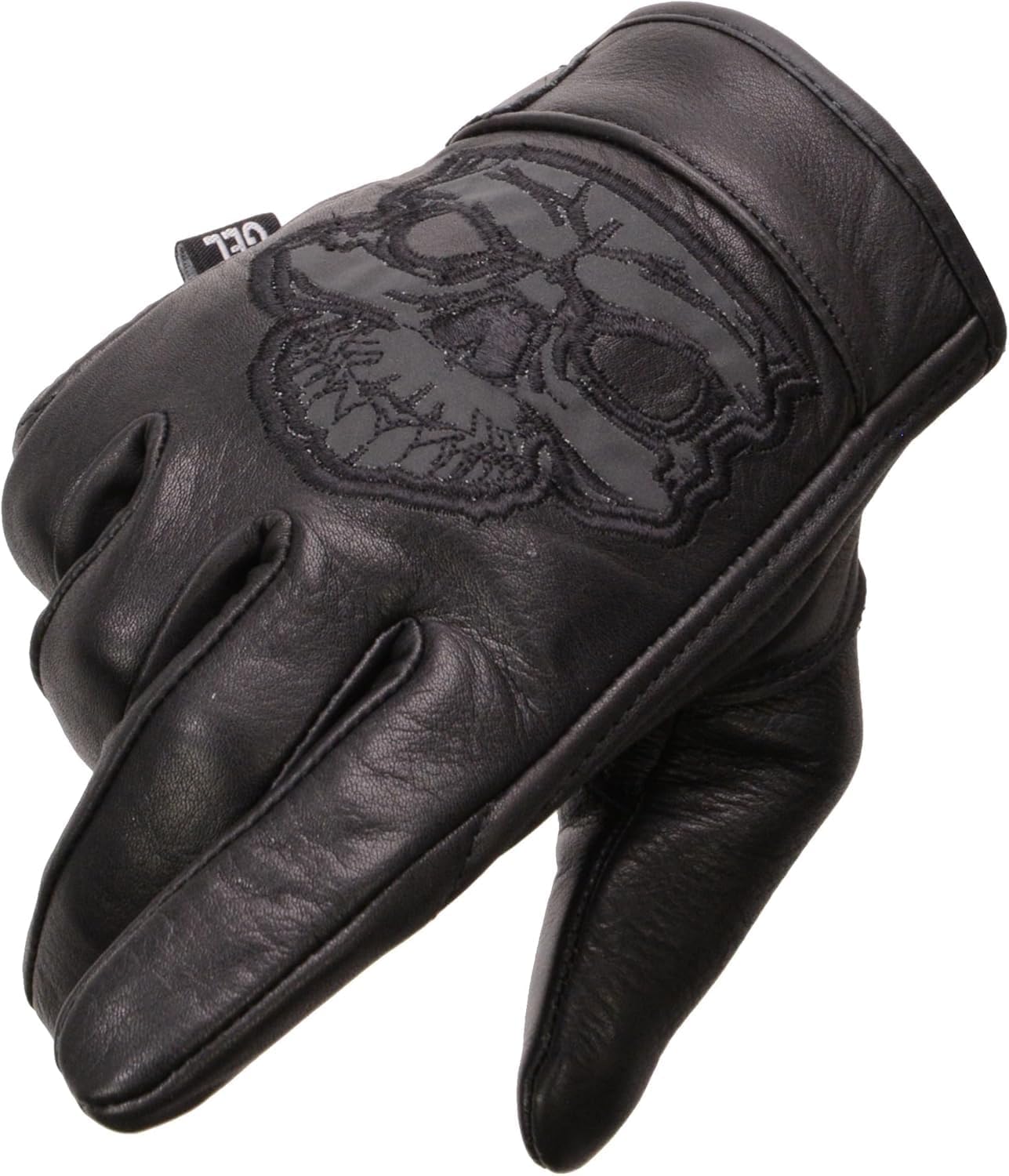 Milwaukee Men's Black Leather ‘Reflective Skull’ Motorcycle Hand Gloves W/Gel Padded Palm