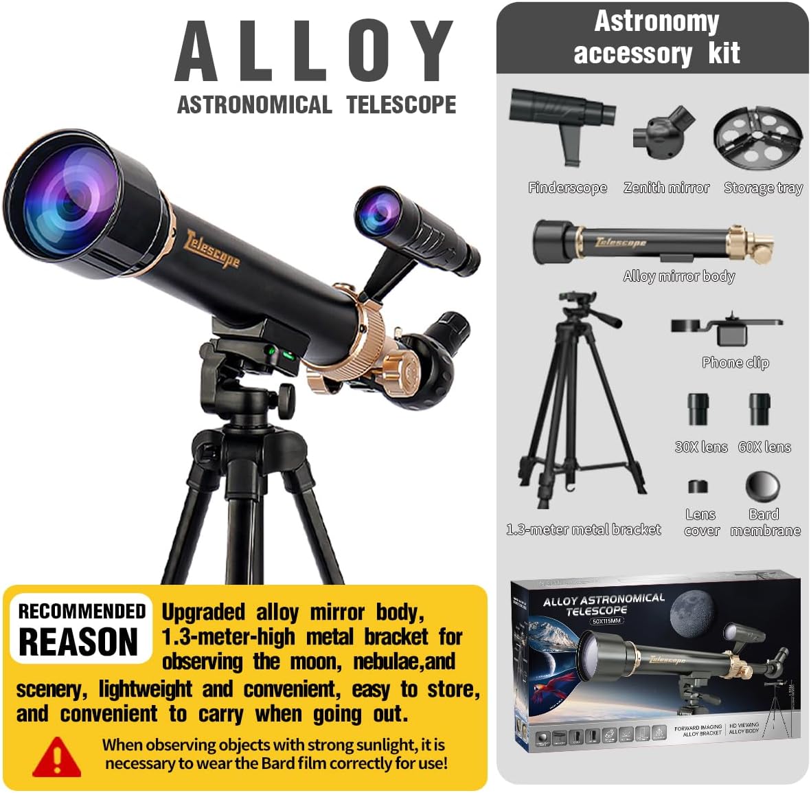 Telescope for Kids& Adults with 60X/30X Lenses, Adjustable Alloy Tripod, Mobile Phone Holder, 360° Gimbal Mount for Stargazing and Nature Viewing,Suitable for Astronomy Enthusiasts