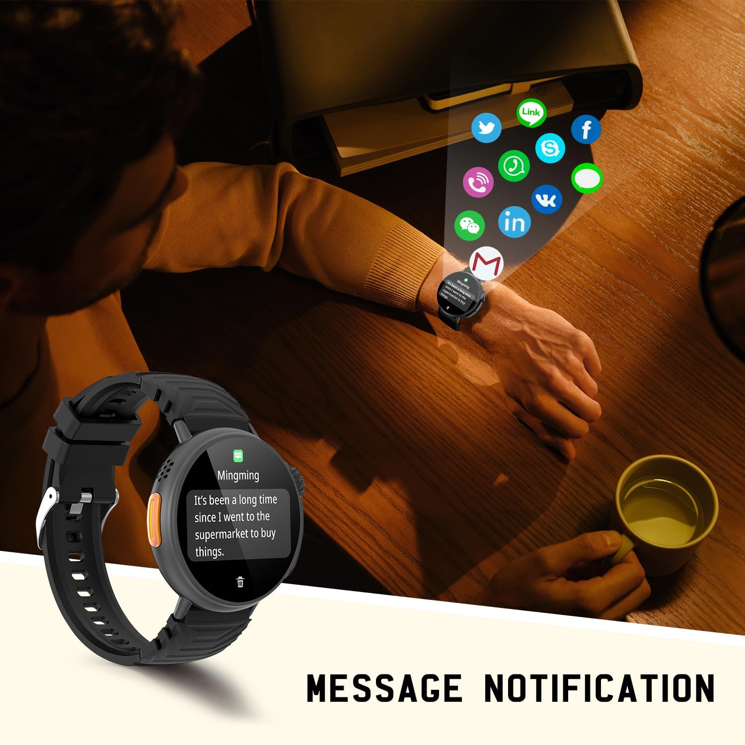 Image showing a smartwatch displaying a message notification, with icons of various social media apps floating above a hand wearing the watch.