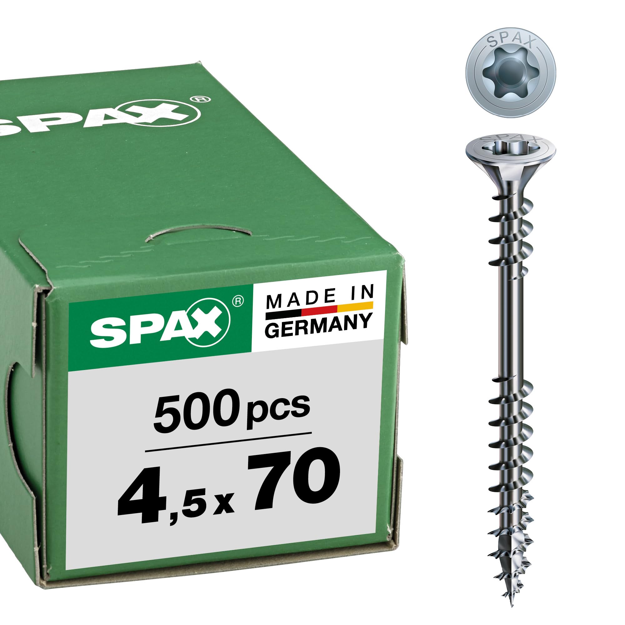 SPAX Śruba montażowa, 4,5 x 70 mm, 500 sztuk, T-STAR plus, łeb wpuszczany, gwint mocujący, 4CUT, WIROX A3J, 0541010450705