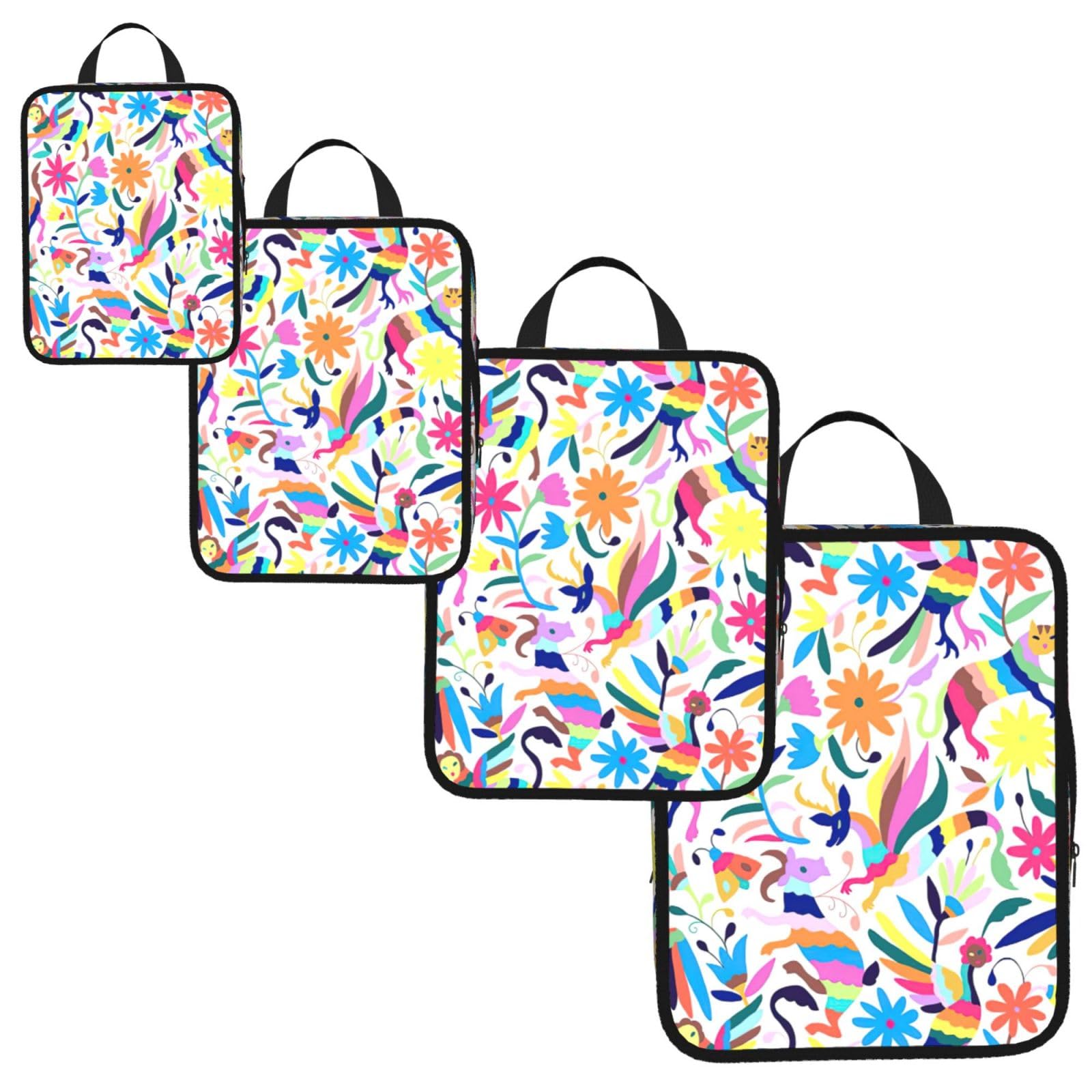 Mexican Otomi Animals Print 4 Set Compression Packing Cubes for Suitcases,Expandable Storage Bags Organizers