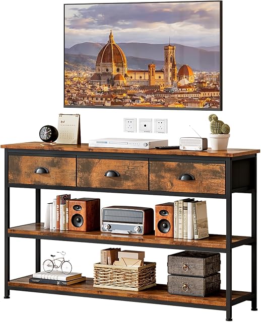 Fyzeg Table Console avec 3 Tiroirs, tableau d'entrée avec 3-Tier étagères de rangement, plateau industriel Table de canapé en bois pour salon, chemin d'entrée, Hallway, Couch, foyer, cuisine, 47Inch Marron rustique