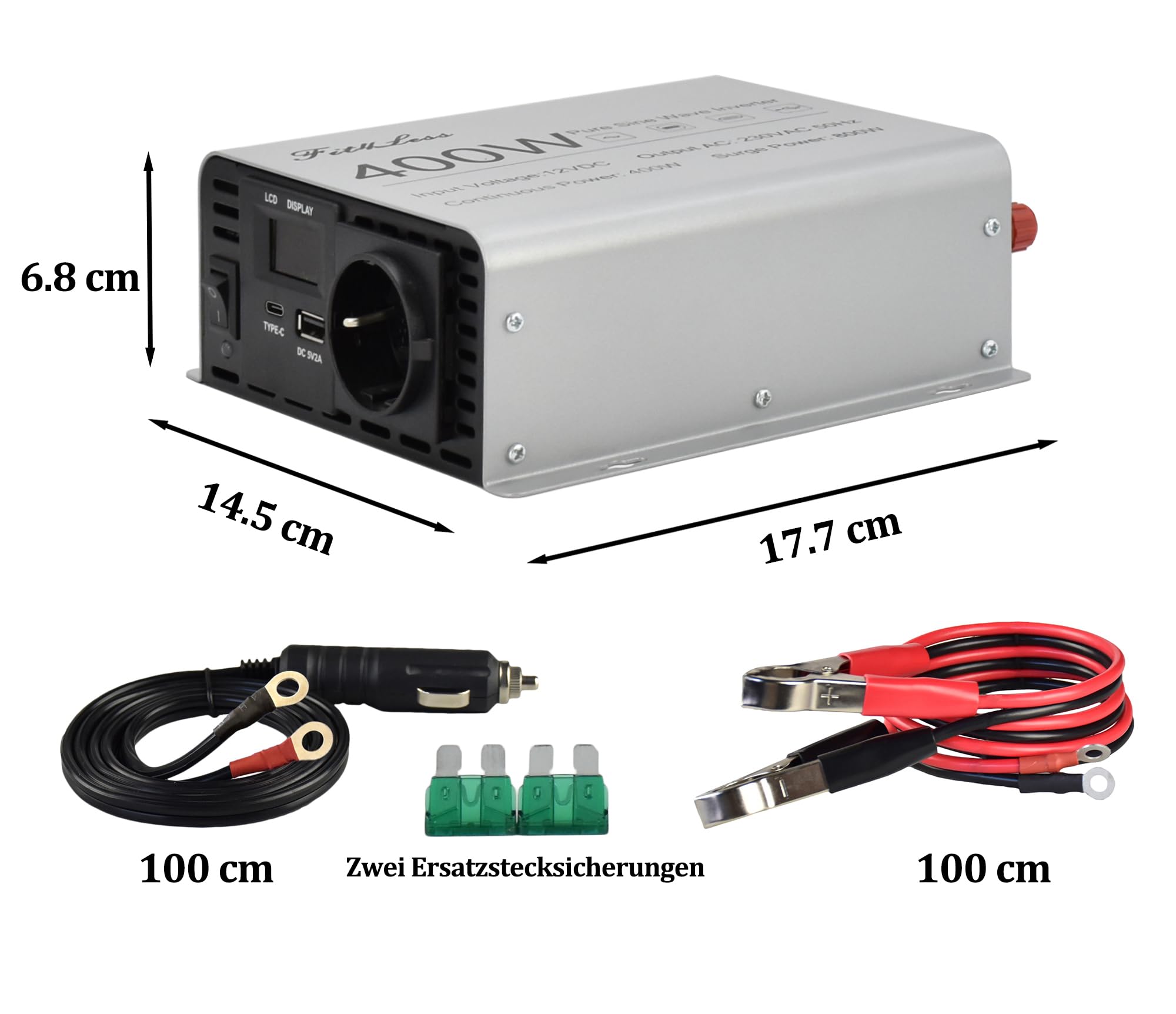 Reiner Sinus-Wechselrichter DC 12 V Eingang und AC 230 V Ausgang mit LCD-Display, USB-Ausgangsanschluss, Typ-C-Ausgang (400 W)