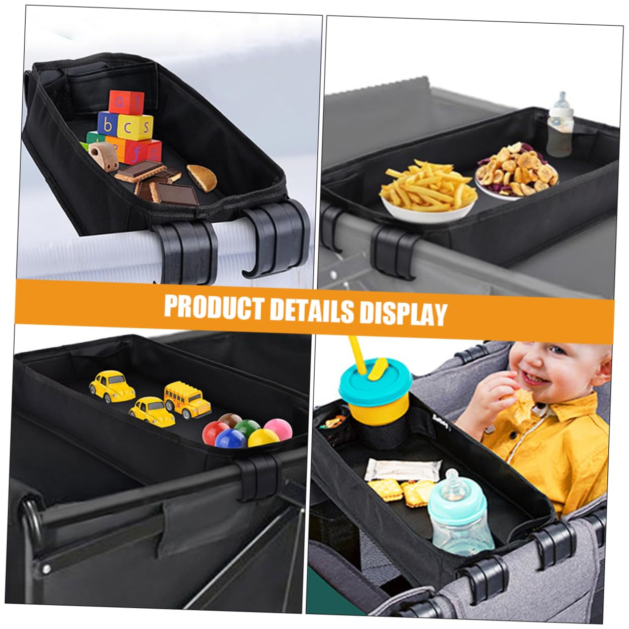 Kinderwagen Tablett mit Snackhalter für Junge Mädchen Verstellbare Clip Essensablage Schwarz und Tragbar für Ausflüge