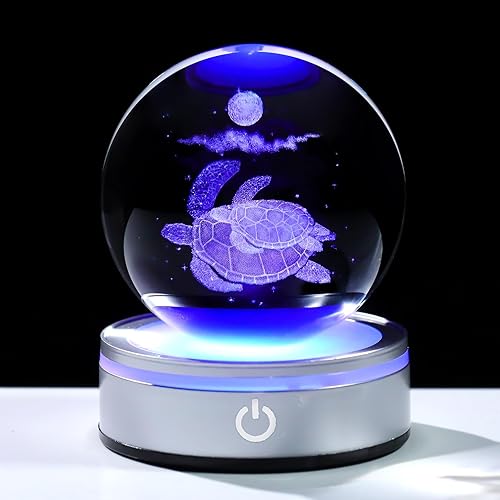 Bola de cristal de tortuga 3D de 3.15 pulgadas, regalos para mujeres y hombres, bola decorativa de cristal K9 grabada, pisapapeles con base de luz