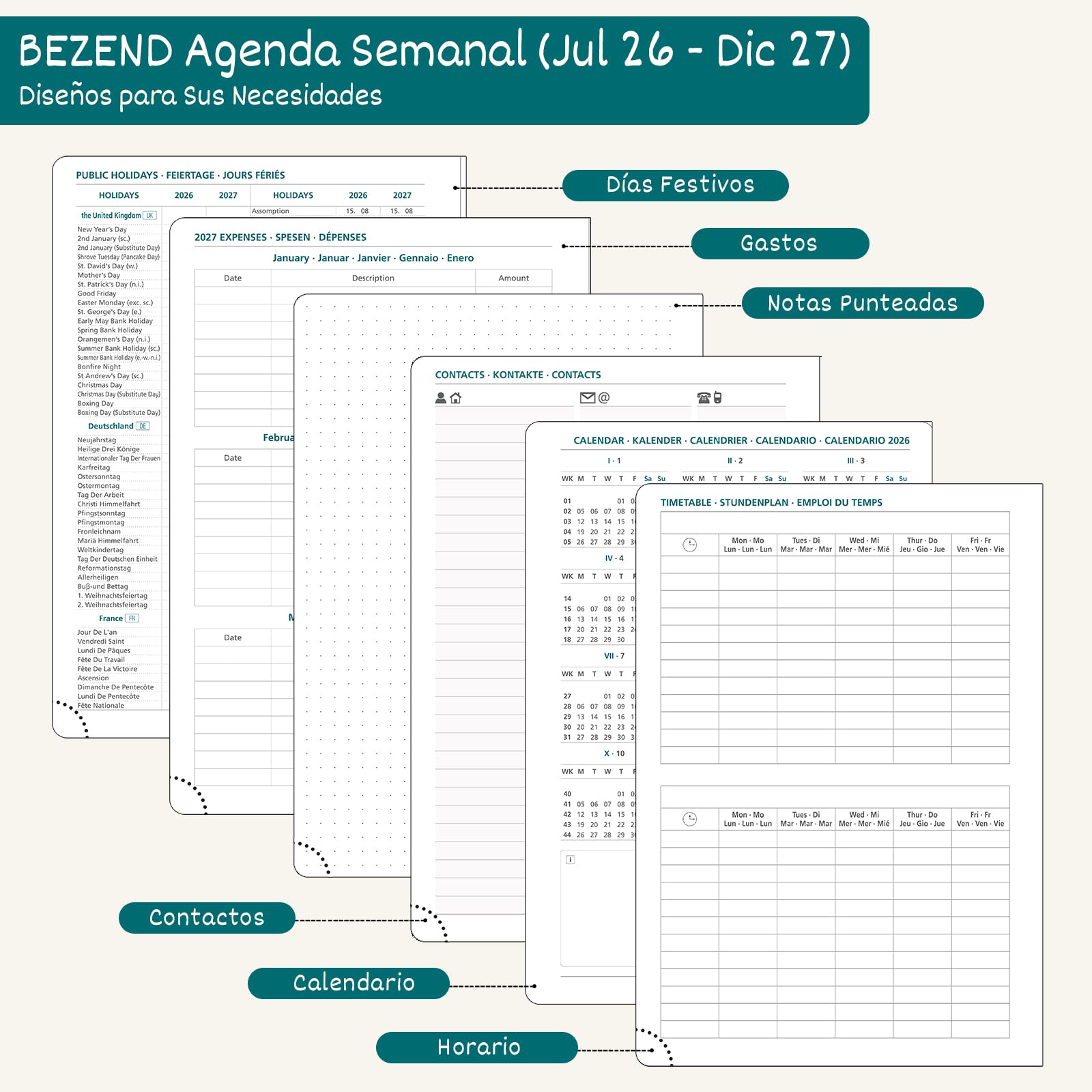 BEZEND Agenda Escolar 2026 2027 Semana Vista A5 Horizontal, 18 Meses de Jul.26 a Dic.27, Agenda Semanal 15,5 x 21 cm, Tapa Dura Cuero PU - Oliva