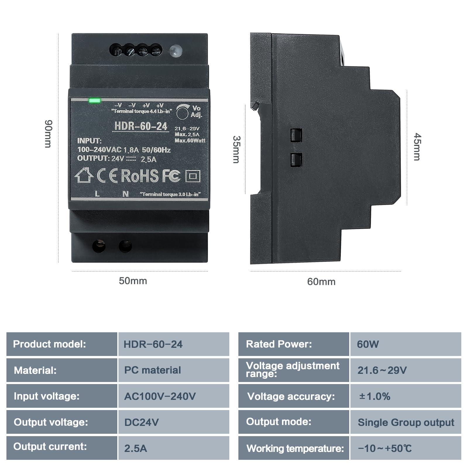 DEWIN Fuente de Alimentación Conmutada 24v, HDR-60W Fuente de Alimentación Conmutada de Transformador de Riel DIN para Equipos de Automatización Industrial (Color : DC 24V 2.5A)