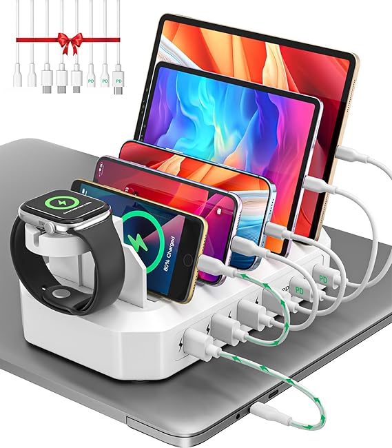 95W Fast Charging Station for Multiple Devices【UL & FCC Tested Safer Charging】 6-Port USB Charging Dock with 2 PD-Port, Compatible with iPhone/Android/MacBook/iPad/Tablet/Kindle(8 Cables Included)