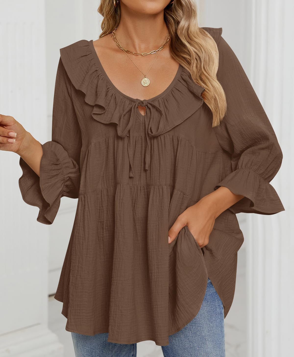 ZESICA Womens Scoop Neck 3/4 Length Sleeve Tops 2026 Casual Tie Front Ruffle Tiered Loose Tunic Shirts Blouses Fall Outfits - Image 3