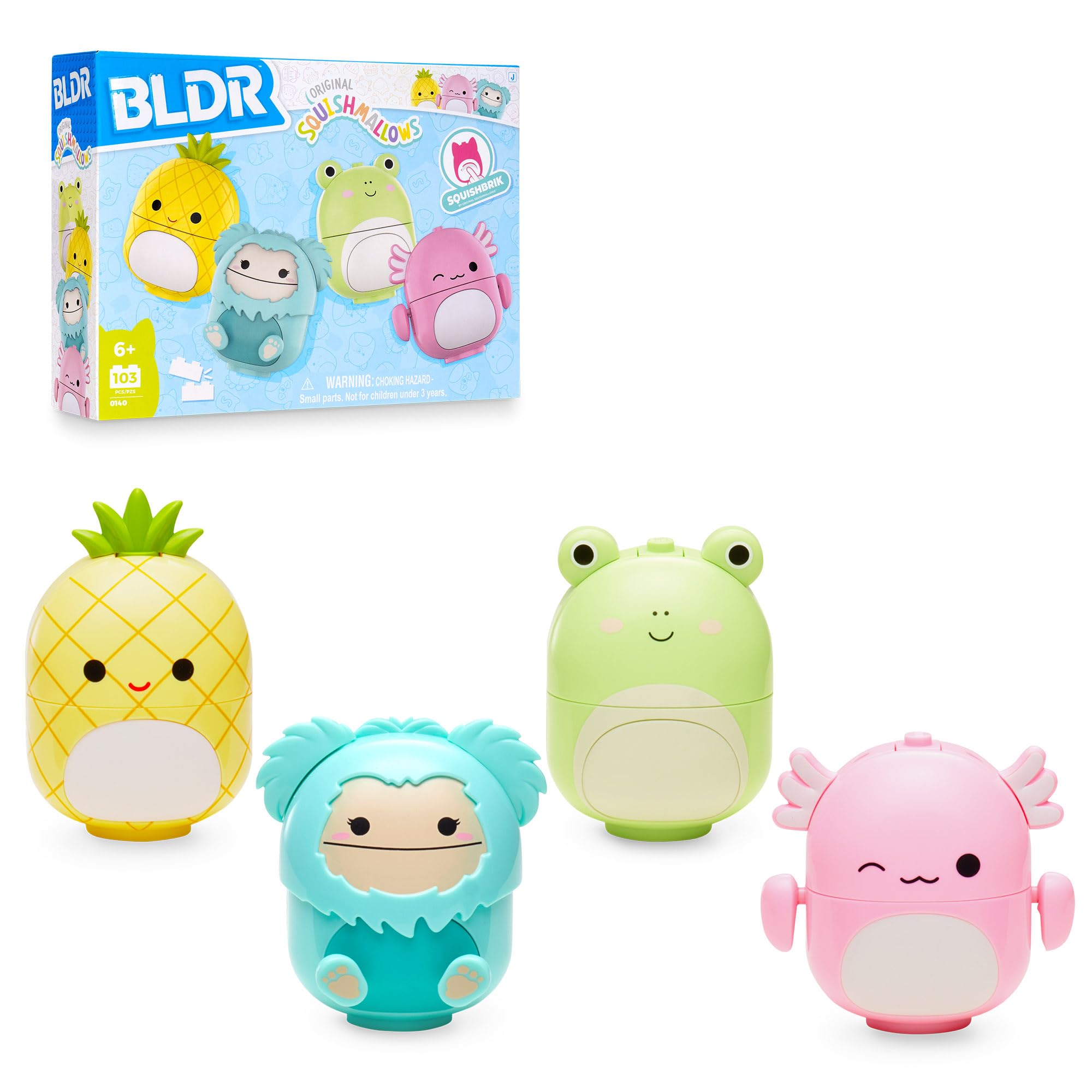 BLDR Squishmallows Buildable Figure Multipack - Maui the Pineapple, Joelle the Bigfoot, Wendy the Frog, Archie the Axolotl - Squishmallows Fans 8+