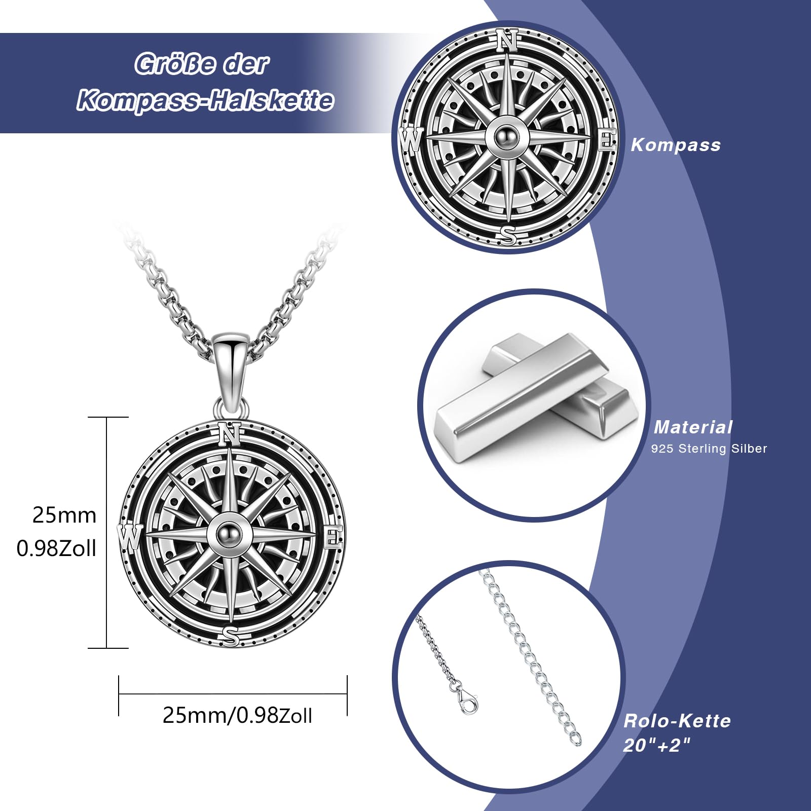 Kompass Halskette 925 Sterling Silber für Damen und Herren