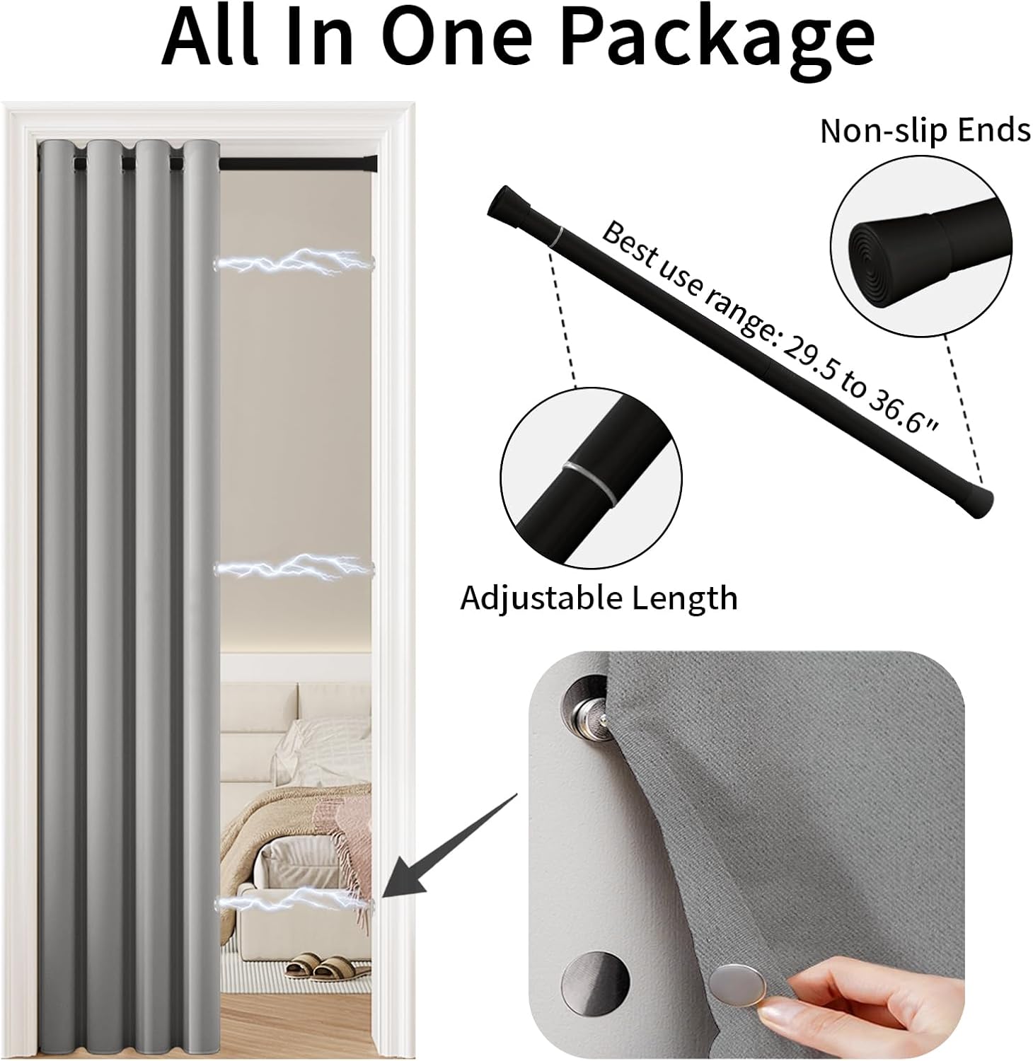 Vatge Magnetic Doorway Curtain for Privacy, Closet Curtain with Rod, Room Dividers for Closet Door and Sliding Door, 1 Panel, W42 x L80, Silver Gray