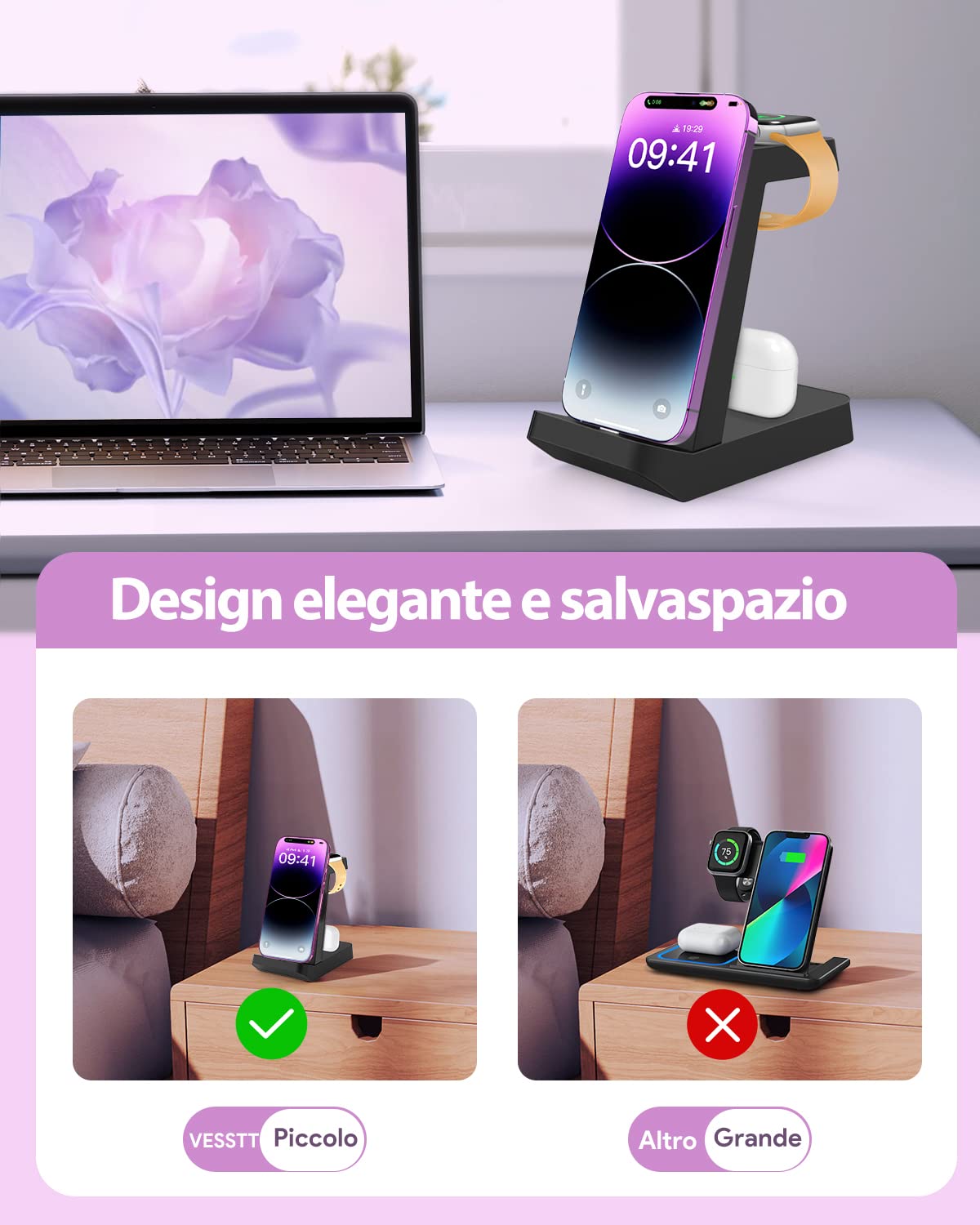 Caricatore iphone 3 in 1 per Apple: Stazione Ricarica per iPhone 14/12/13/11/Pro/Max/XS/XR/X/Mini, Earphones 3/2/1/Pro, Ricarica Wireless per Watch 8/7/6/5/4/3/2/SE (Nero)