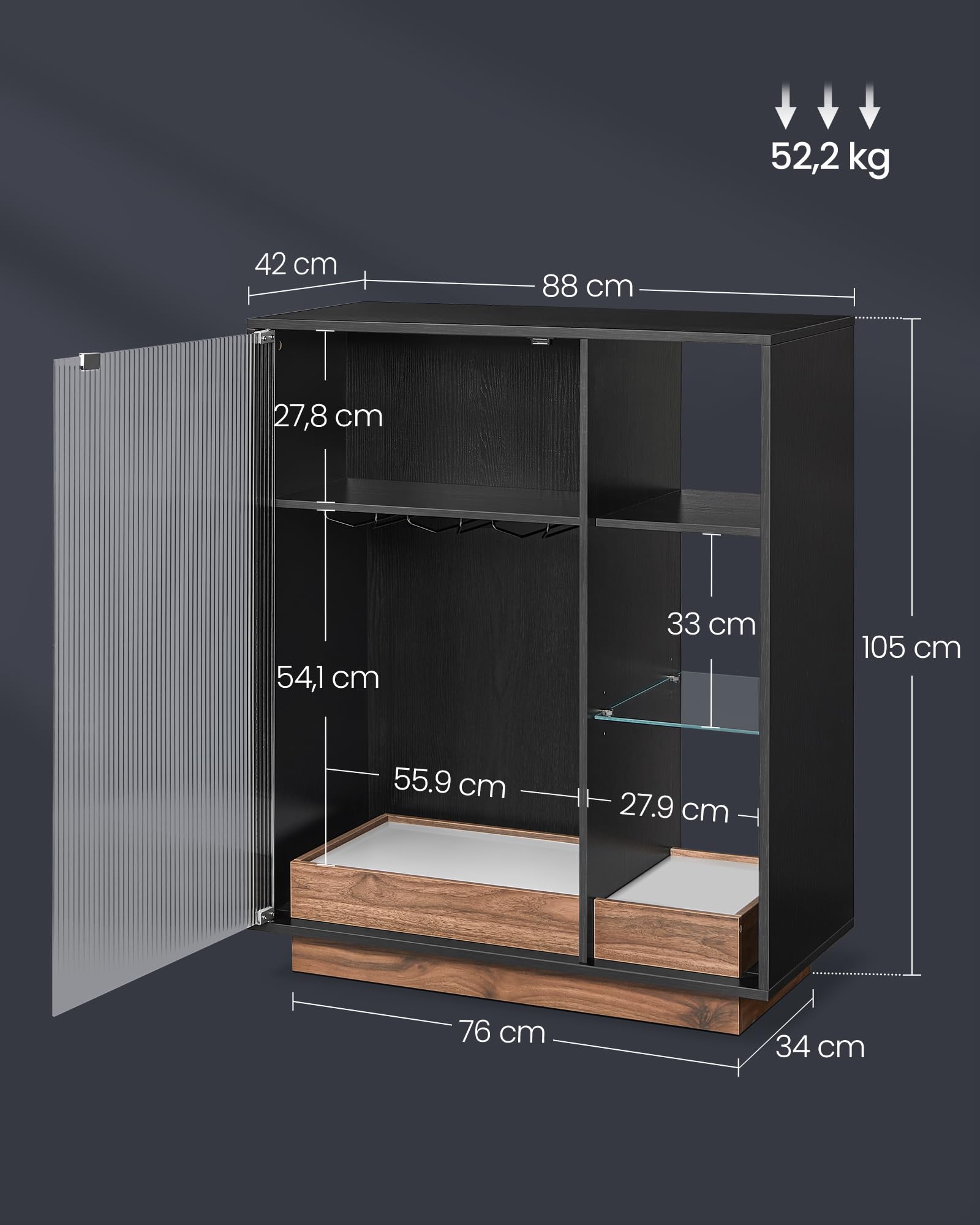 VASAGLE Meuble Bar à Vin avec Éclairage, Buffet avec LED, Rangement pour Vin, Meuble de Bar pour Spiritueux, avec Porte-Verre, Porte en Verre Cannelé, pour Salon, Noir Boisé BBK361B21