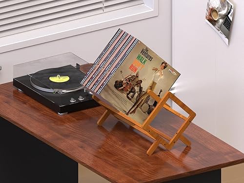 Miniatura 4 de Soporte para discos de vinilo de bambú, soporte para revistas, estante de almacenamiento de escritorio con divisor, capacidad para hasta 80-100 LPs,