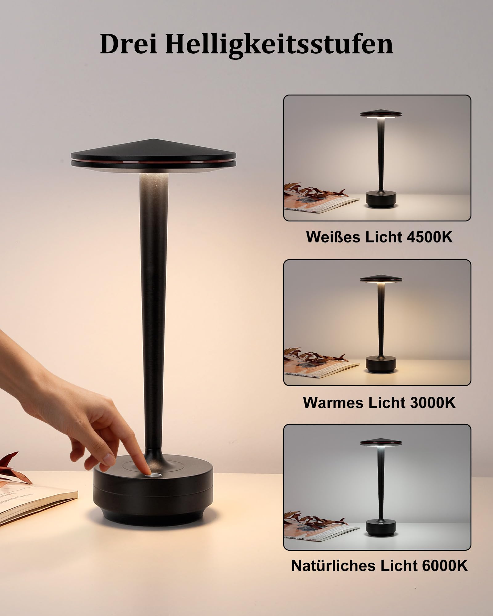 Akku Tischlampe 72h LED Touch Dimmbare Tischleuchte（2 Schwarz） | Tischlampe Outdoor, Akku Tischlampe Aufladbar, Touch Dimmbare, für Restaurant Terrasse, Tragbar Wasserdicht