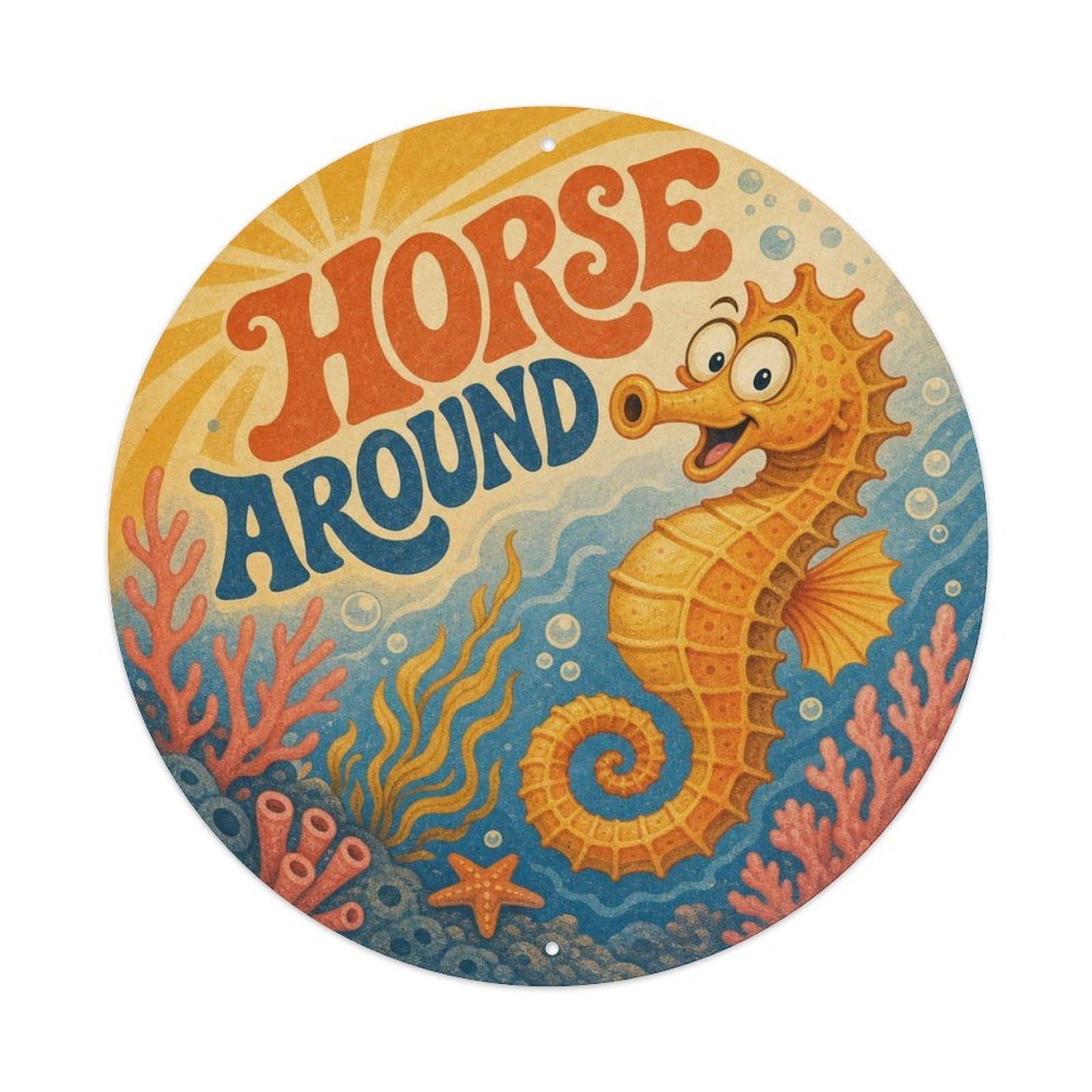 Okngb Style Seahorse Sticker Pose Marine Animal Classic Cartoon Metal Tin Sign Plaque Wall Decor For Cafe, Man Cave, Club Bar, Office, Home Garden Round Metal Poster 8X8inch