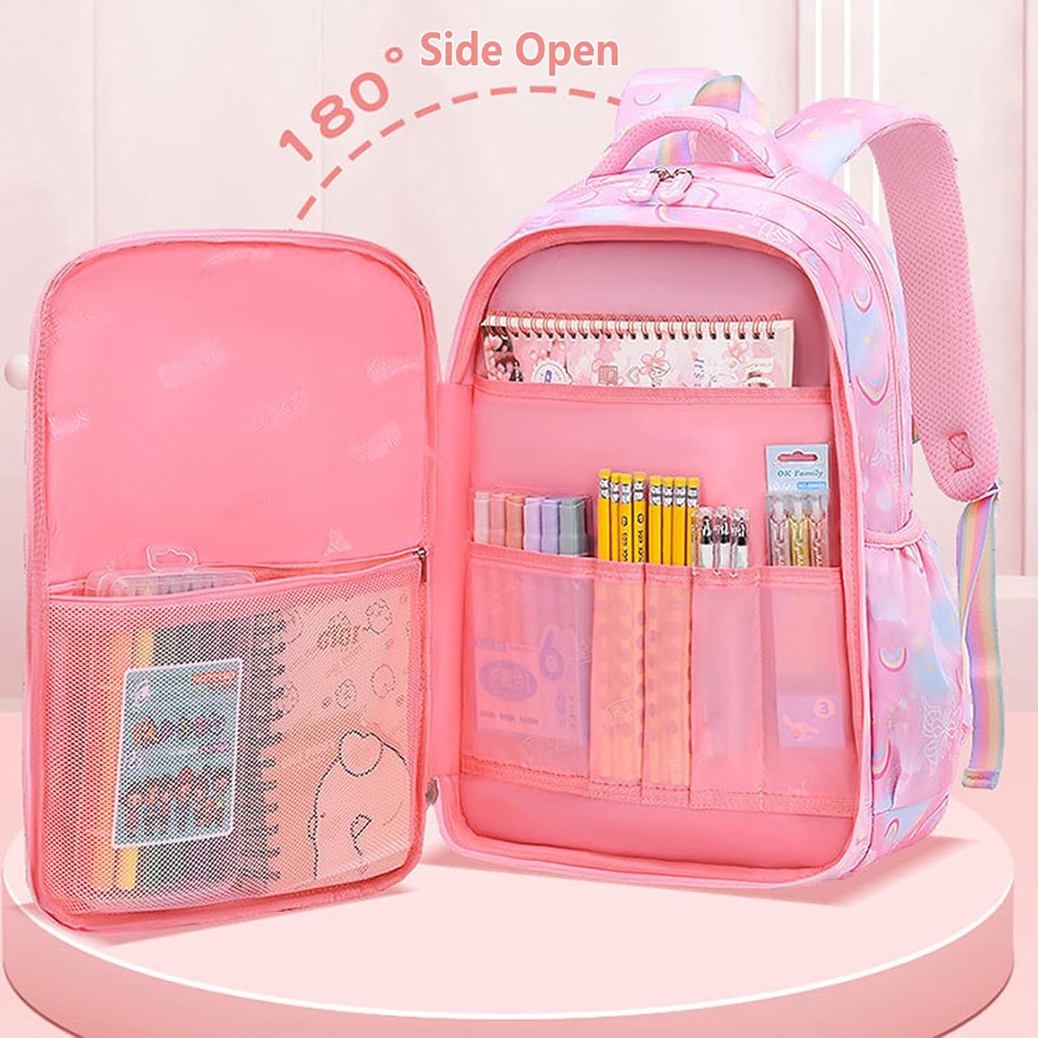 WYCY School Backpacks for Girls Kawaii Backpack Large Capacity Kids School Bag for Girls 6-12 Years Old (printed light pink)