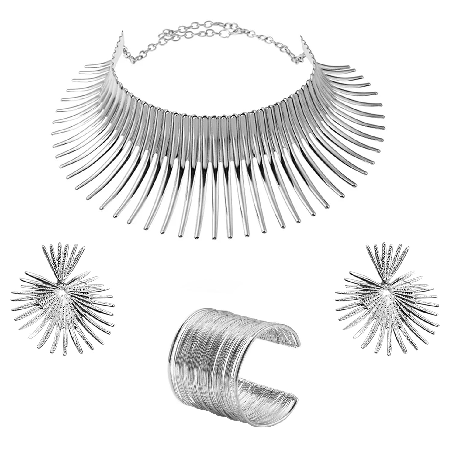 peora Silver Plated Classic Choker Necklace Dangle Earrings & Cuff Bracelet Statement Fashion Jewellery Set for Women-picture-10