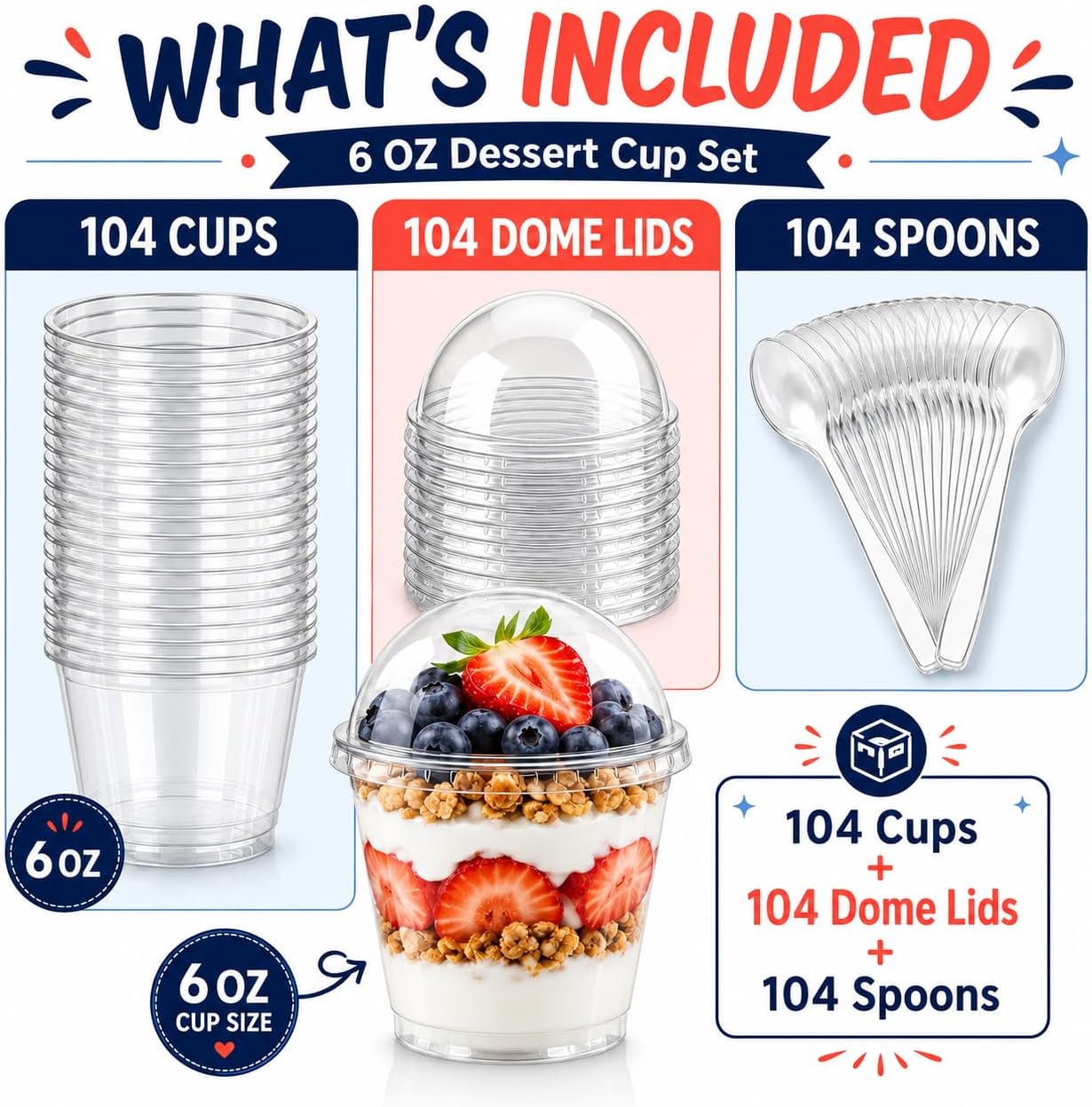 Oojami 104 Pack 6 oz Mini Round Dessert Cups with Dome Lids and Spoons