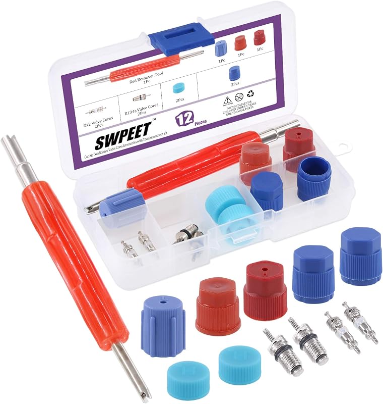 Kit de válvulas de serviço para ar-condicionado automotivo Swpeet R12/R134a com tampas e ferramenta removedora – 12 peças