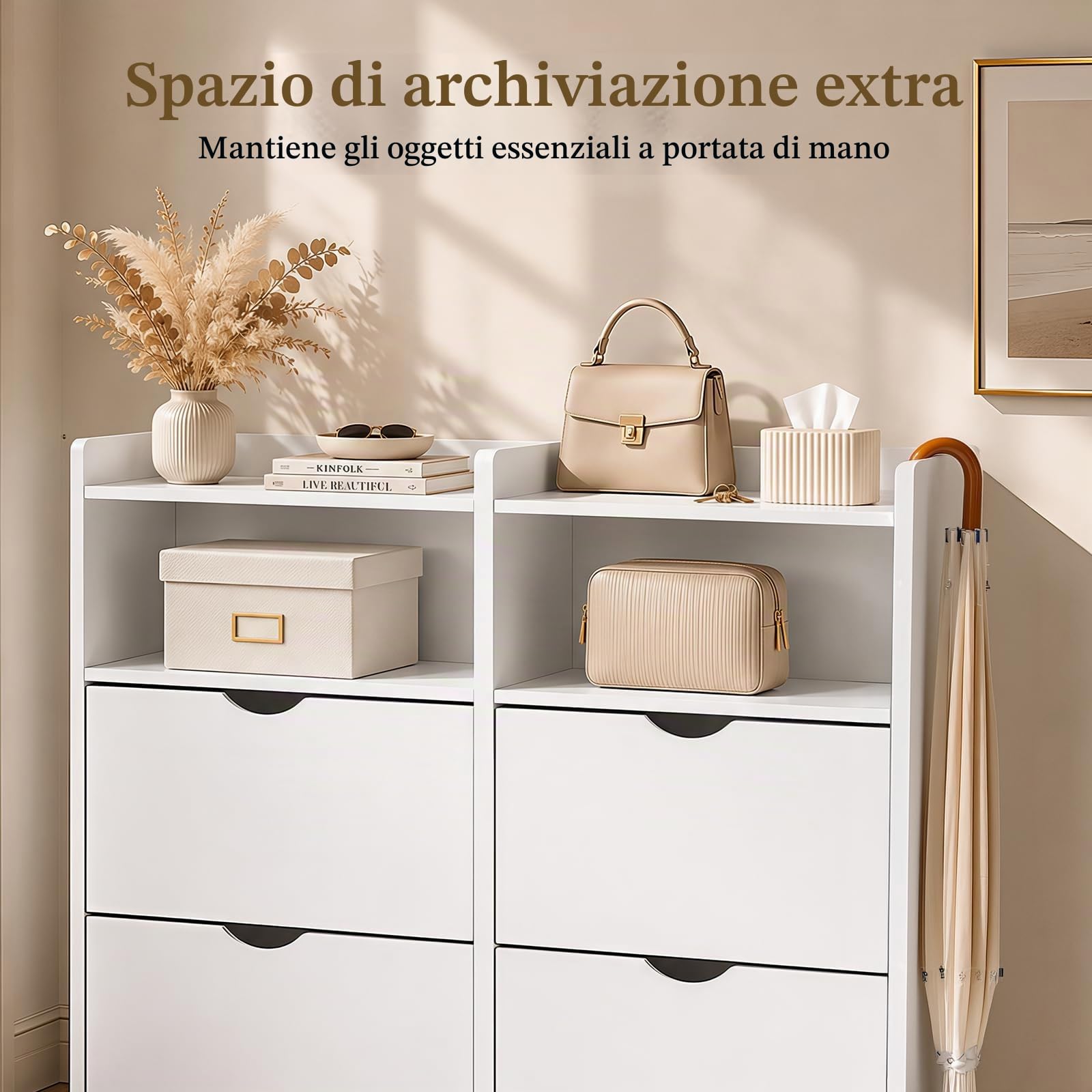 Scarpiera 24cm profondità, 4 cassetti basculanti 16 paia corridoio stretto