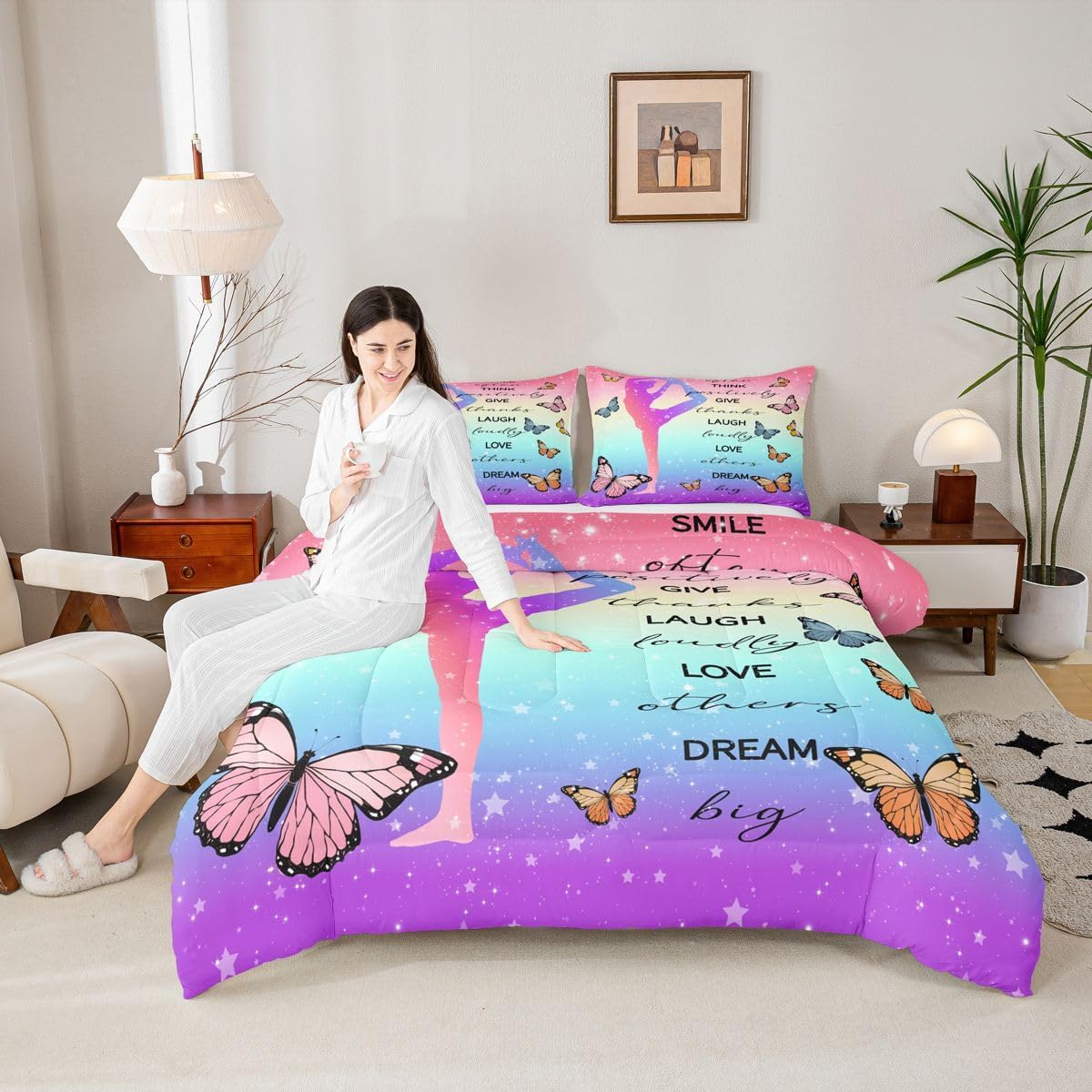 Erosebridal Gymnast Girls Comforter Set - Twin Gymnastics Dance Bedding Set with Rainbow Butterfly Duvet and Sports Theme Quilted Comforter with 1 Pillow Case