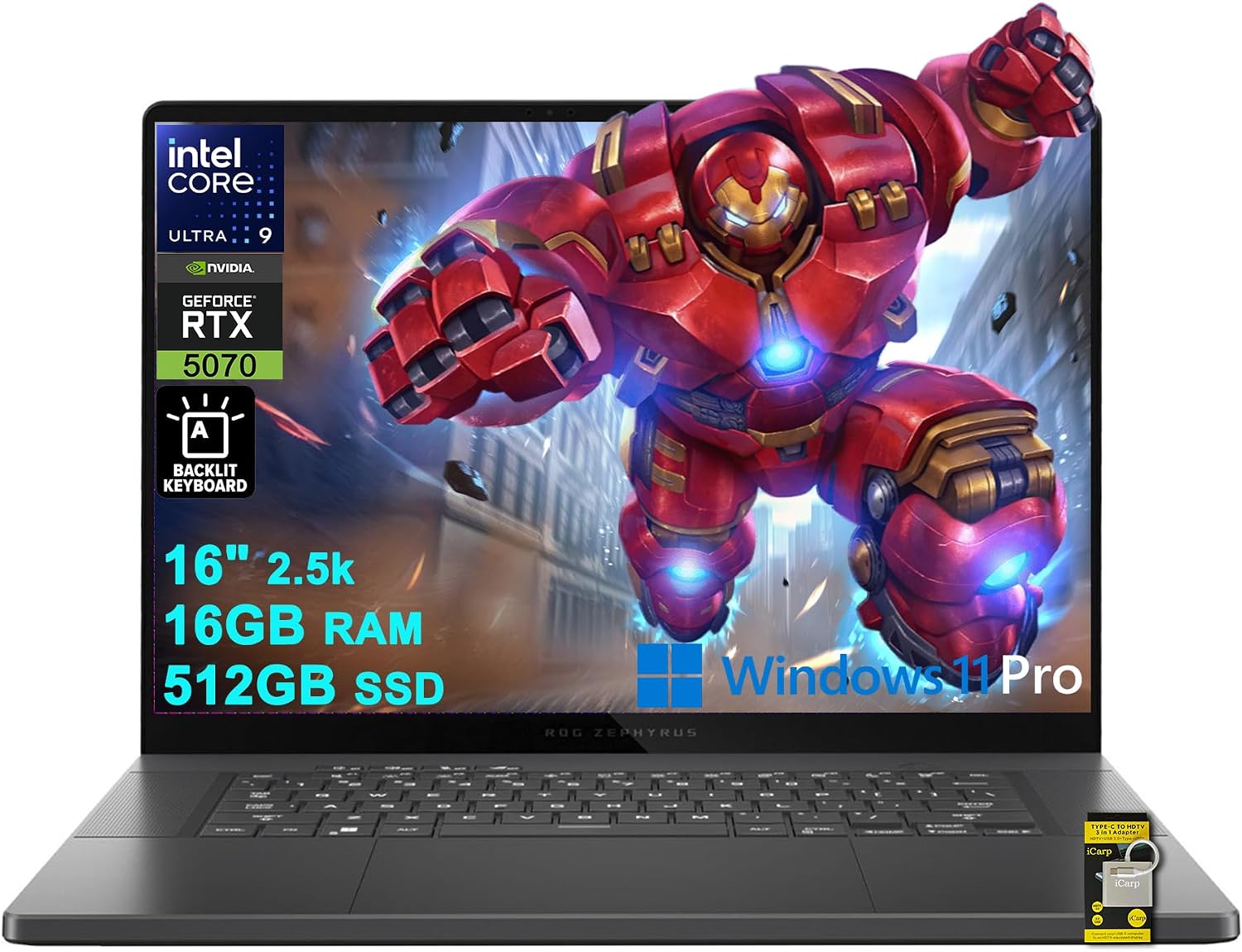 ROG Zephyrus G16 Gaming AI Laptop 16" 2560x1600 OLED 240Hz (500nits) Intel 16-core Ultra 9 285H 16GB RAM 512GB SSD GeForce RTX 5070 (Up to 798 AI Tops) RGB Backlit Win11Pro ICP Acc