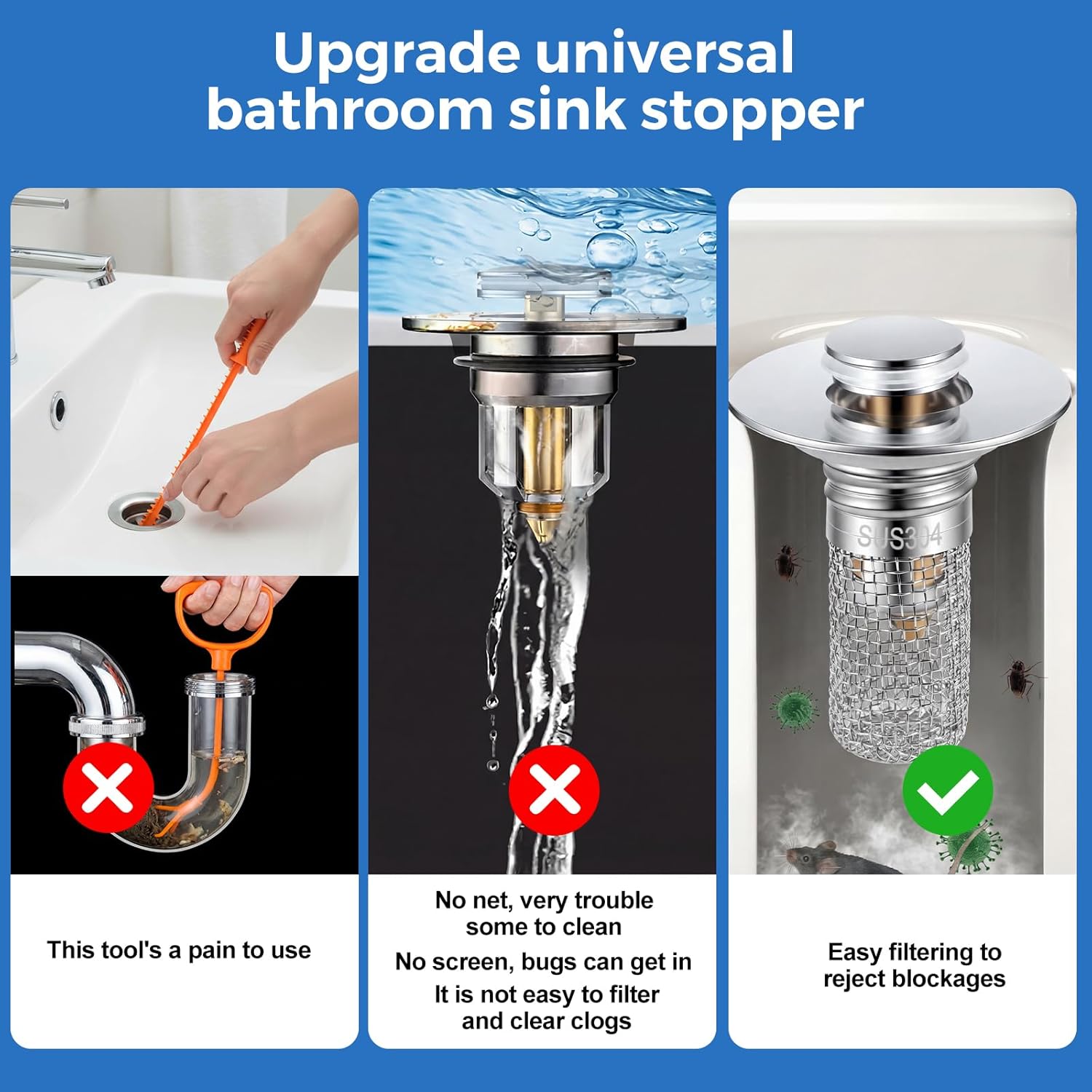 Bathroom Sink Drain Strainer, Pop-up Sink Stopper Hair Catcher with Removable 304 Stainless Steel Strainer Basket Hair Catcher, Bathroom Sink Strainer for Bathroom Sink Stopper Replacement, 2 PCS