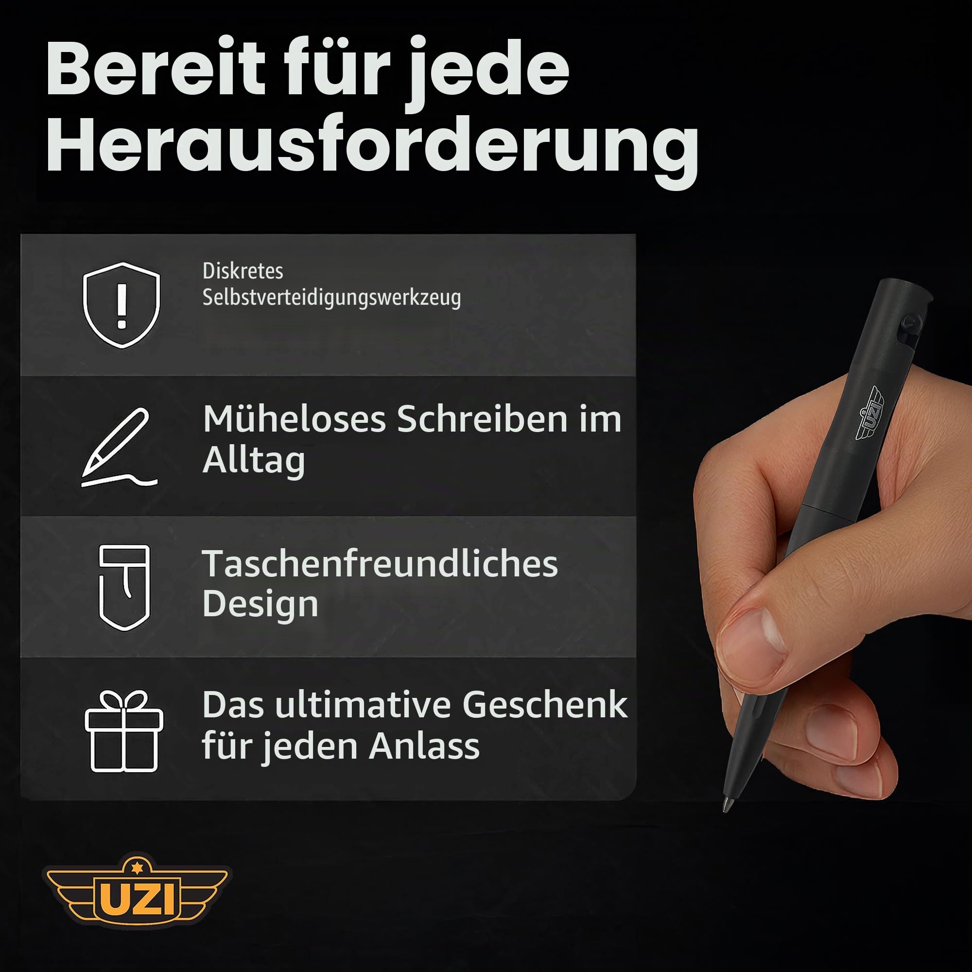 UZI Tactical Pen UZI-TACPEN2-BK Flugzeug Aluminium Selbstverteidigung BestTactical Pen Multi-Tool Überlebens Defender Tool w/Glasbrecher, Real Kugelschreiber Miltary und Polizei EDC -schwarz