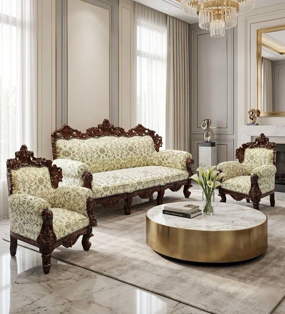 Teak Wood 5 Seater Sofa Set | Handcrafted 3+1+1 Wooden Sofa with Royal Carving | Silk Cushions & 40 Density Foam | Living Room Furniture (Leaf)-image-23
