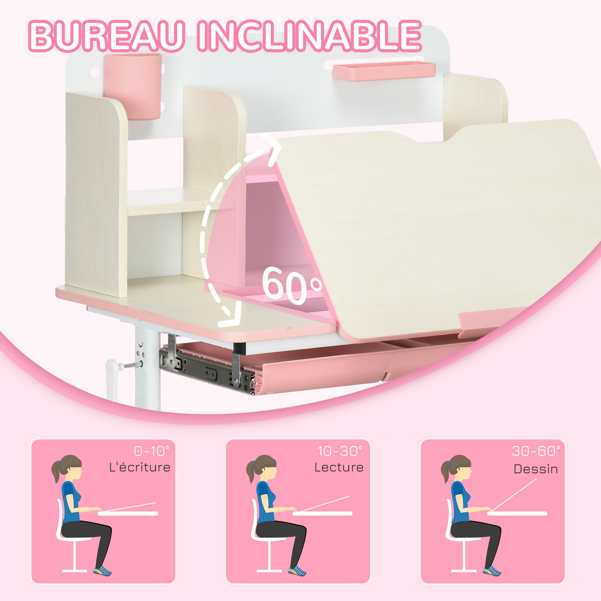 HOMCOM Bureau et Chaise pour Enfants, Hauteur réglable, Plateau inclinable 0-60°, Rose