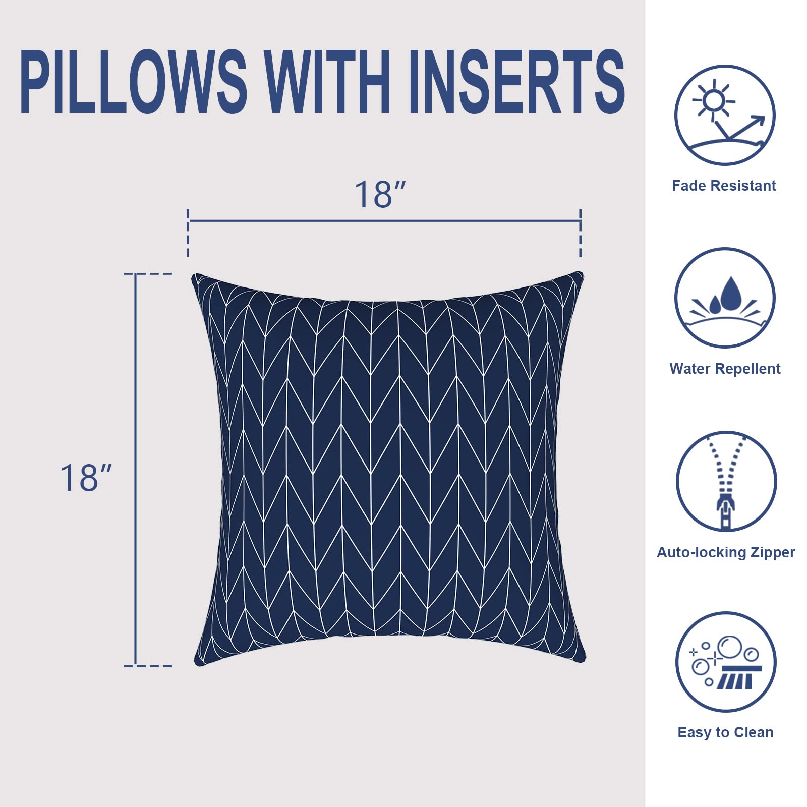 Melody Elephant Patio Throw Pillows with Inners, Fade Resistant Square Pillow Pack of 2, Decorative Garden Cushions for Home, 18x18 Inch, Herringbone Navy