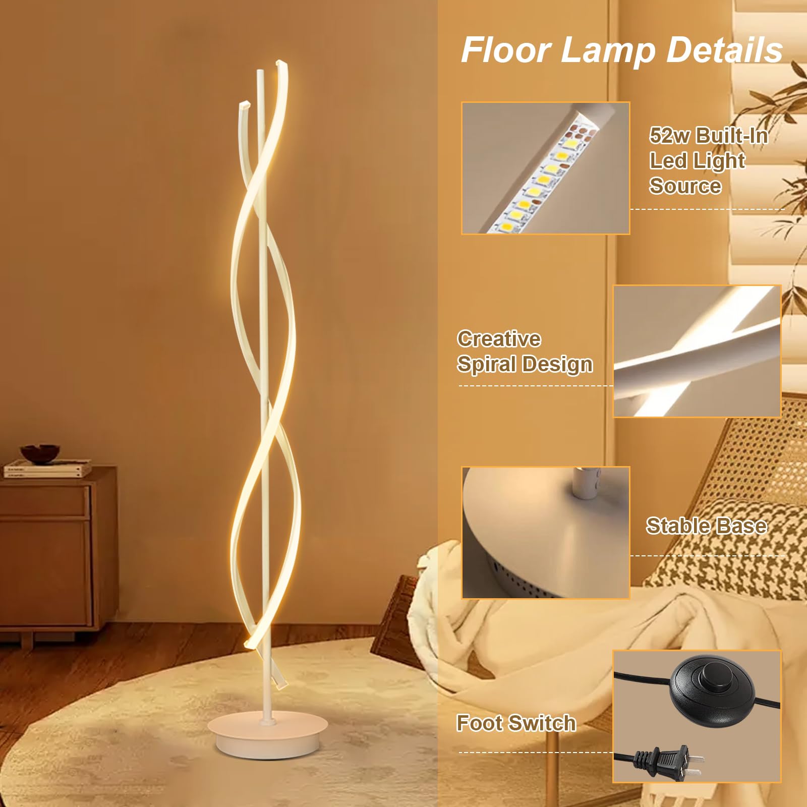 Lampada da Terra Soggiorno LED Dimmerabile, 52W Moderna Piantana Lampada da Terra Salotto con Telecomando Spirale Design Lampada Piantana per Camera da Letto (Bianco)