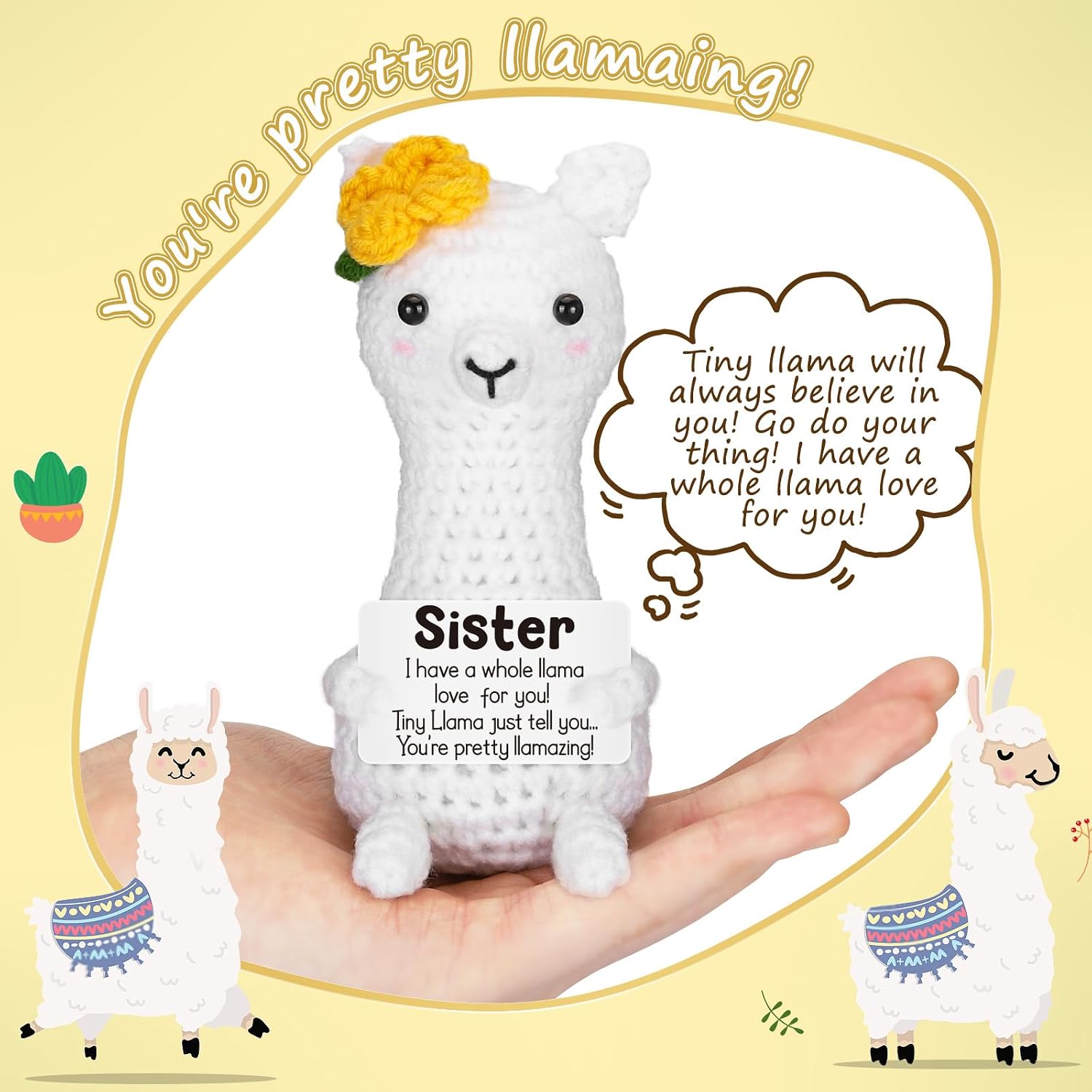 Funny Llama Sister Birthday Gifts, Sisters Gifts from Sisters Brother, Long Distance Friendship Bestie Gift for Big Little Soul Sister in Law Women Present, Handmade Crochet Desk Decor