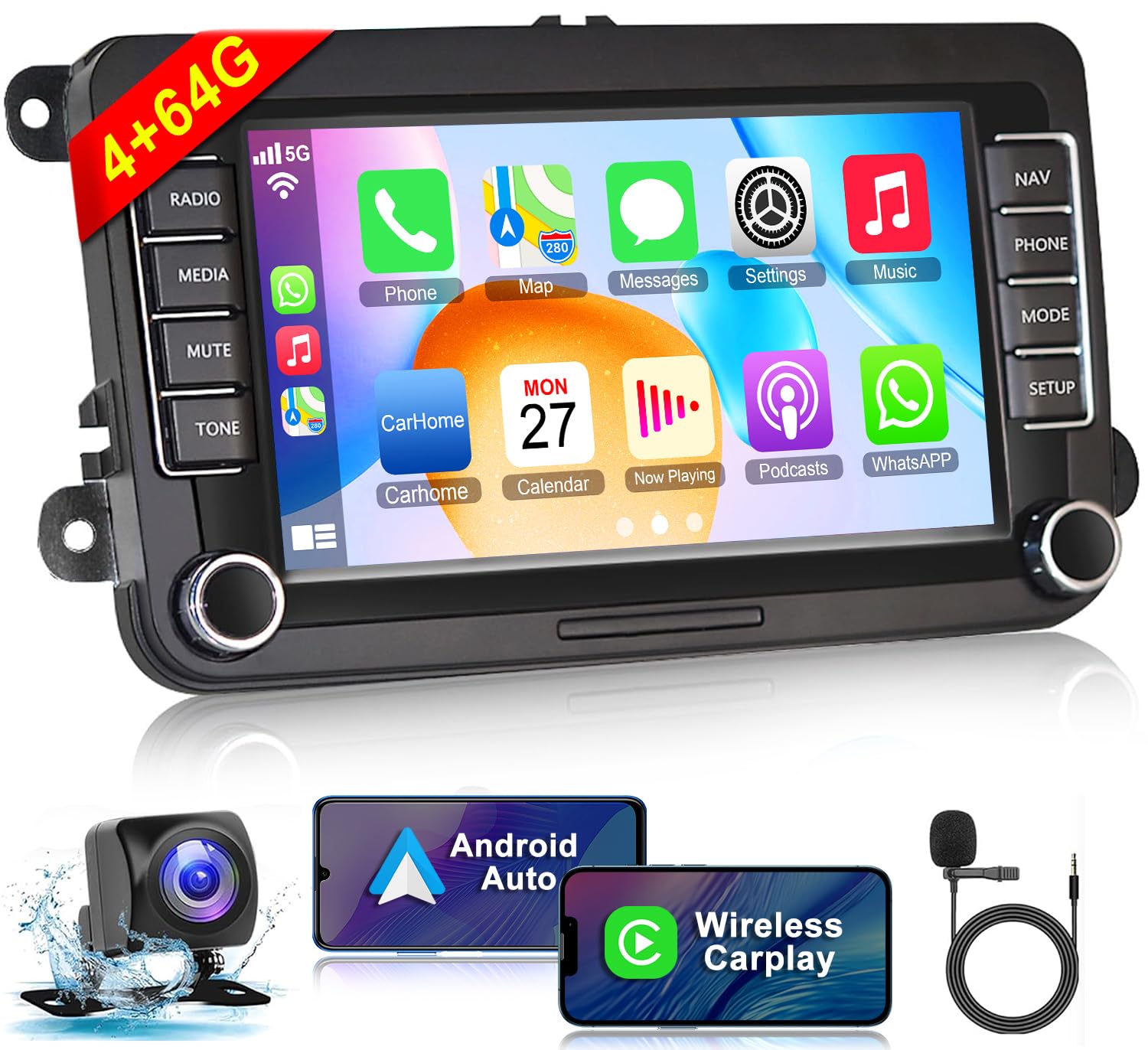 [4+64G] Android Car Stereo for Volkswagen VW Passat MK5 MK6 RCD330 Support Wireless Carplay&Android Auto, 7 inch IPS Touchscreen VW Radio with GPS, WiFi, FM Radio+AHD Backup Camera+MIC