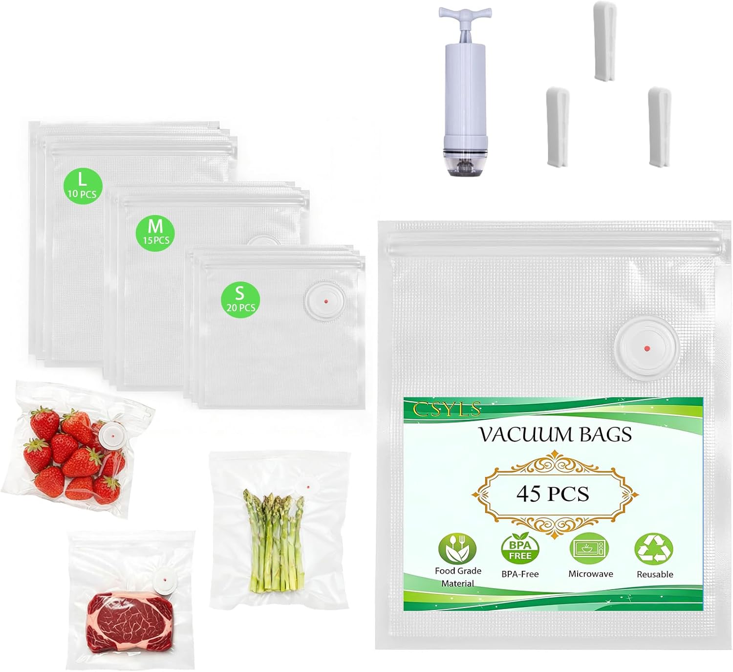 45 Pcs Reusable Vacuum Sealer Bags for Food with Hand Pump, BPA-Free Vacuum Storage Bags for Sous Vide Cooking & Meal Prep, Upgraded Air Valve Food Sealer Bags, Works with Handheld/External Sealers