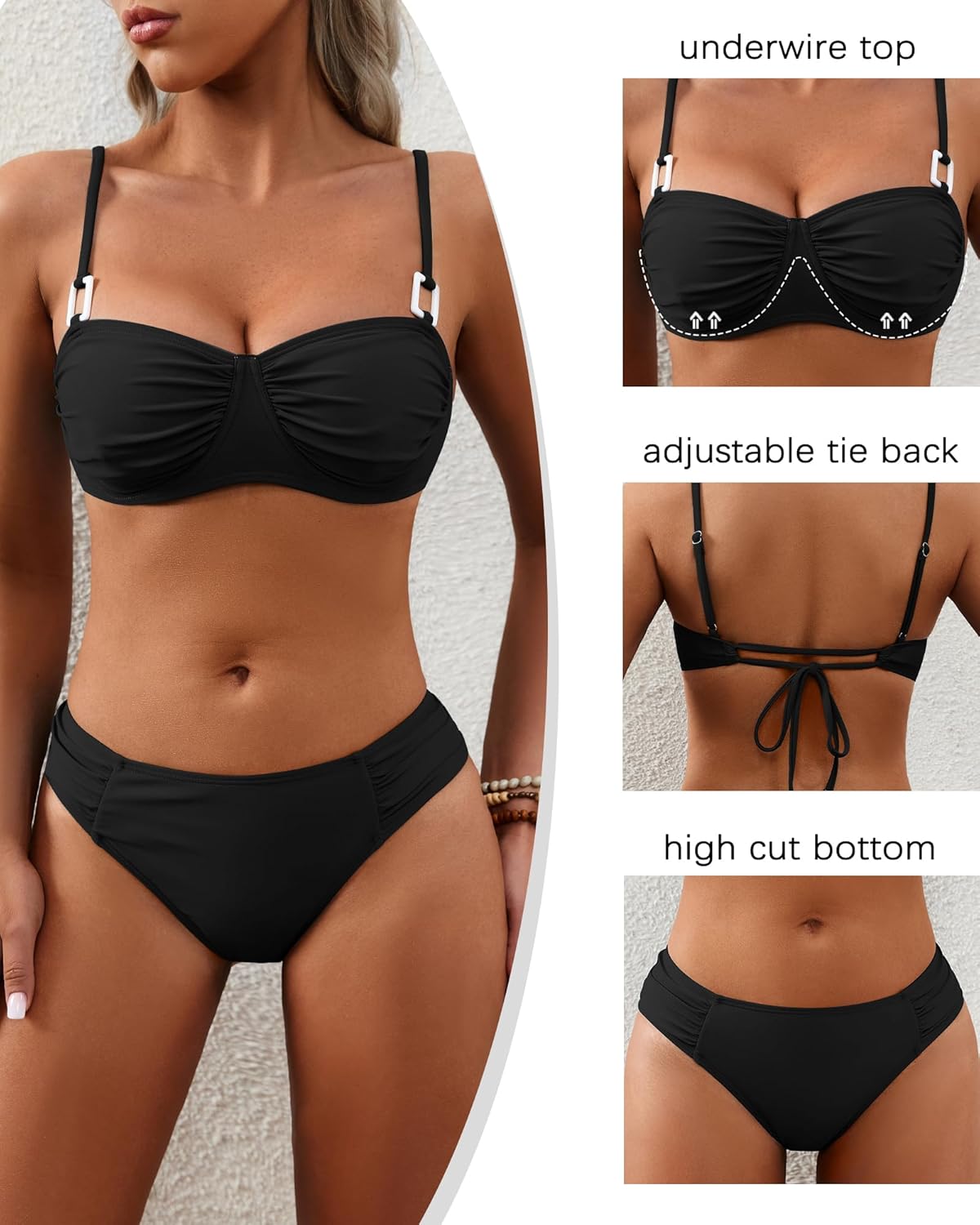 DaiLiWei Underwire Push Up Bikini Sets for Women Sexy Two Piece Swimsuits Cheeky High Cut Bathing Suit Low Rise Ruched Bottom