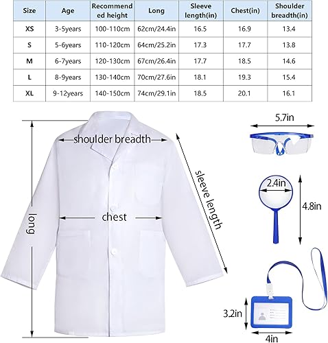 Miniatura 2 de Disfraz de científico para niños, bata de laboratorio y gafas de vestir para niños, con tarjeta de identificación, lupa para Halloween